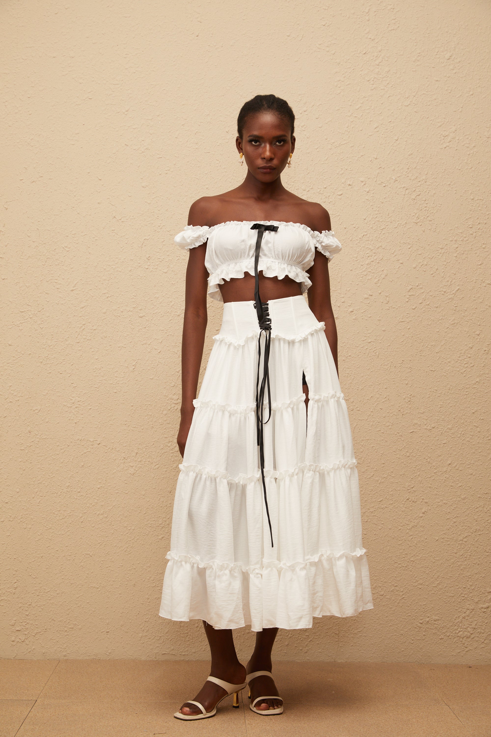 Théoline White Ruffled Trim Shirred Top & Skirt Set