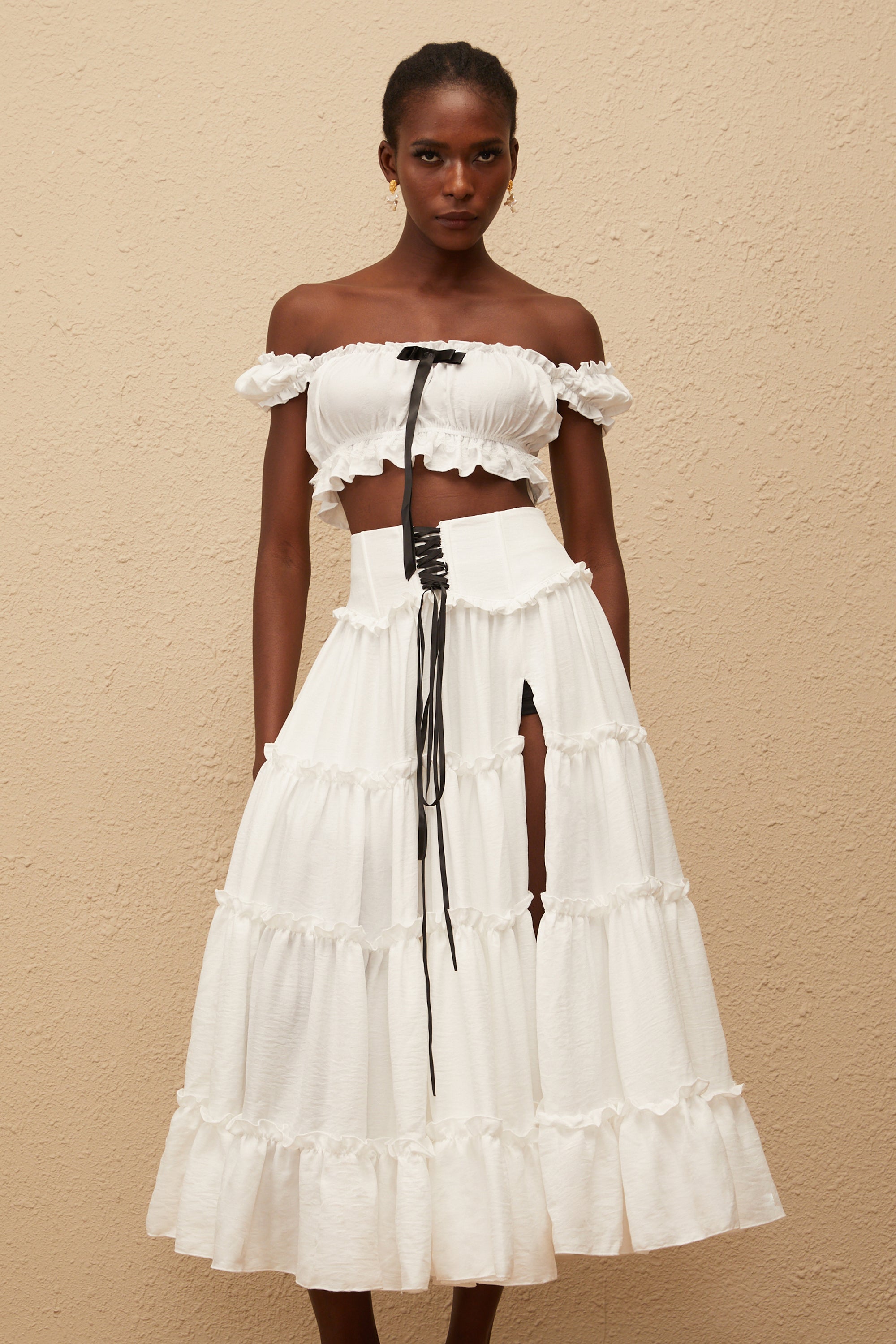 Théoline White Ruffled Trim Shirred Top & Skirt Set