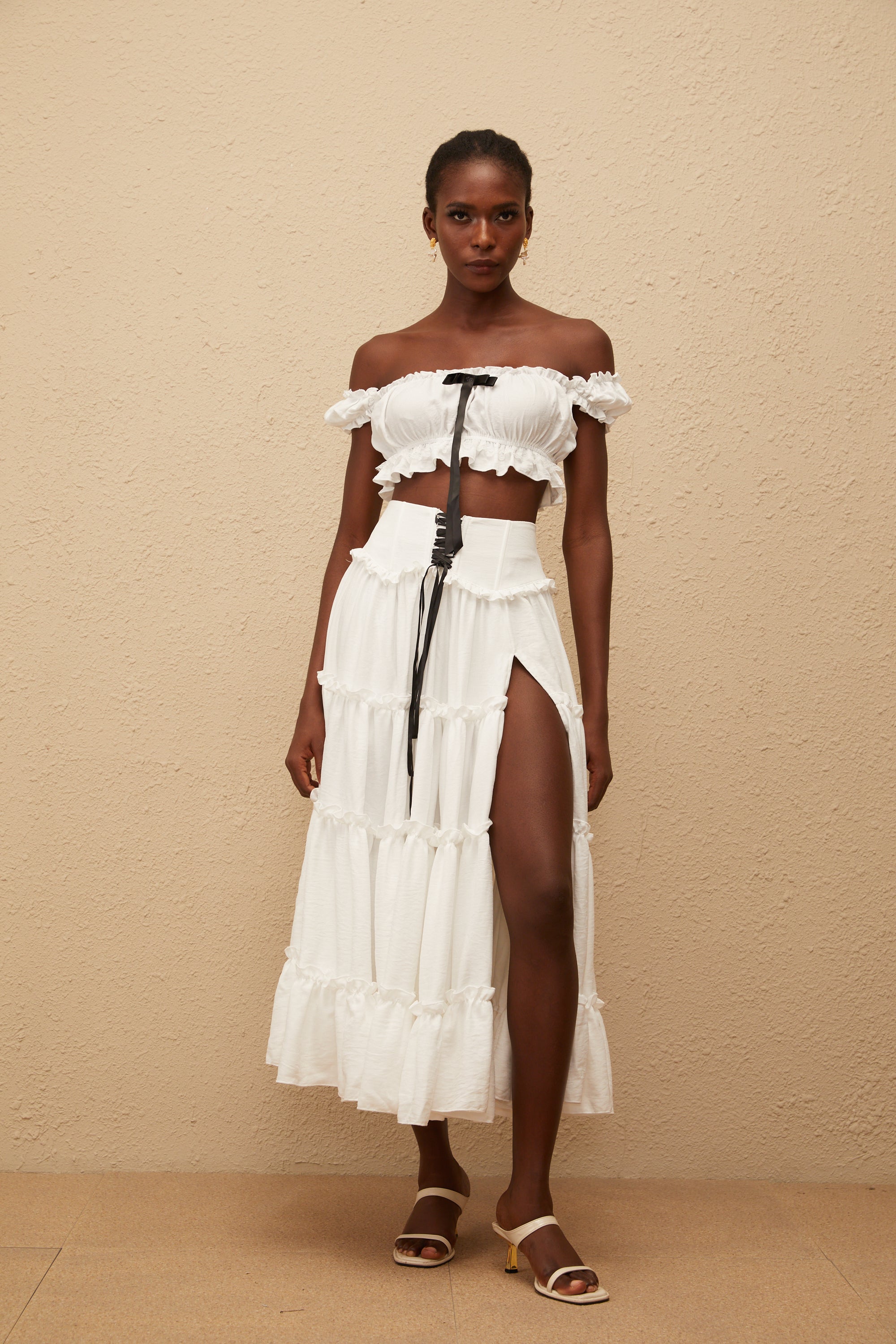 Théoline White Ruffled Trim Shirred Top & Skirt Set