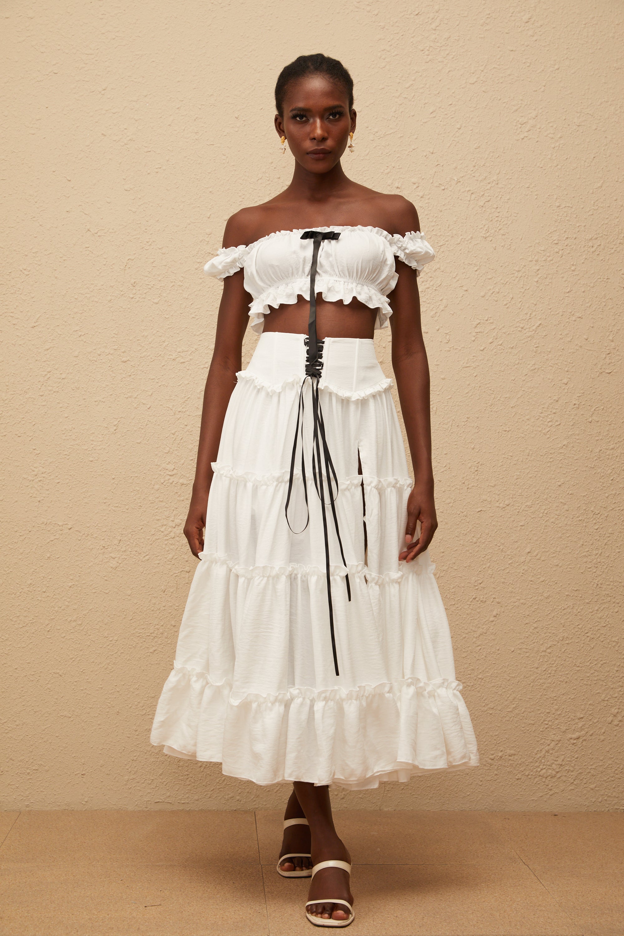 Théoline White Ruffled Trim Shirred Top & Skirt Set