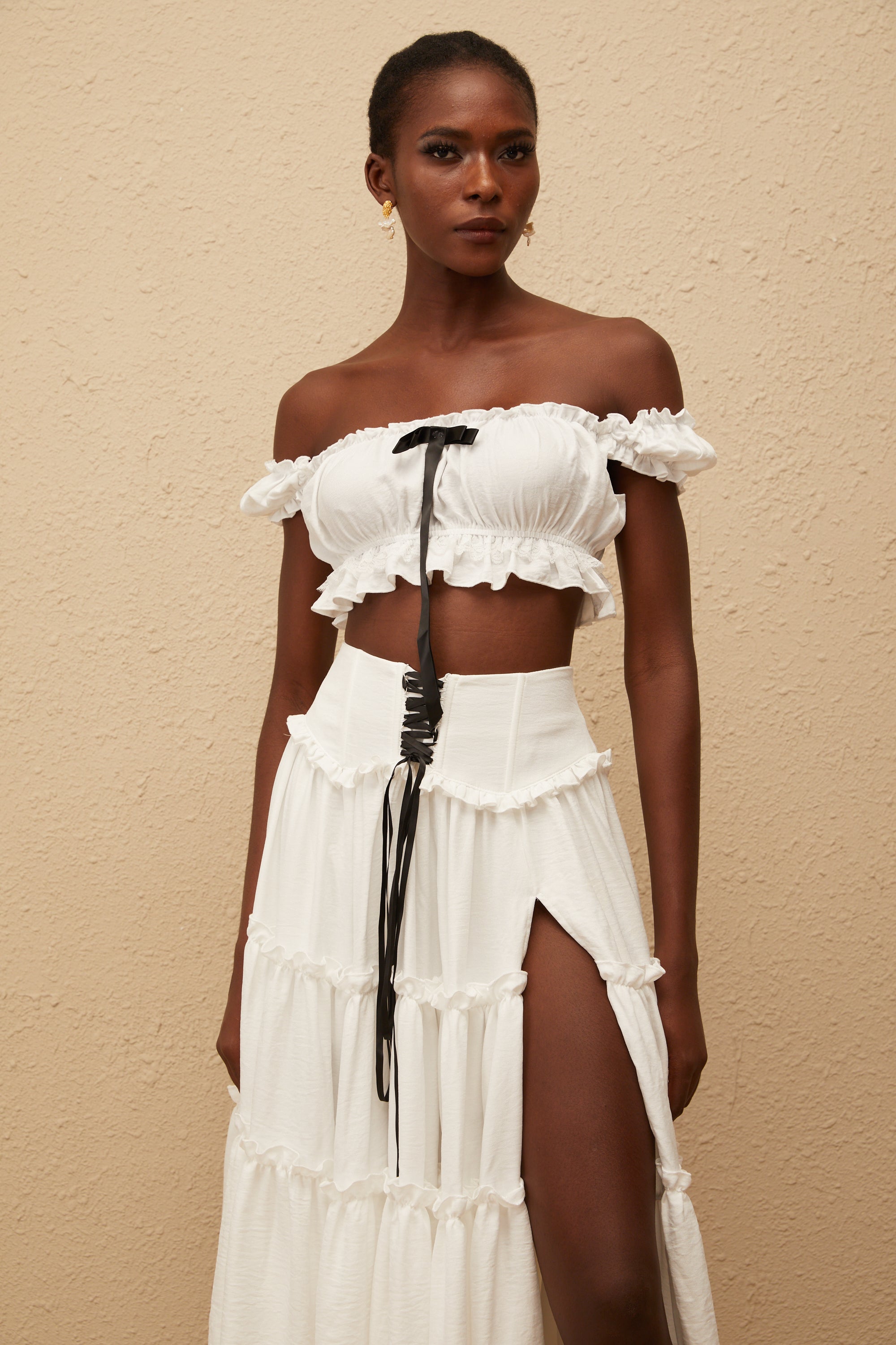 Théoline White Ruffled Trim Shirred Top & Skirt Set