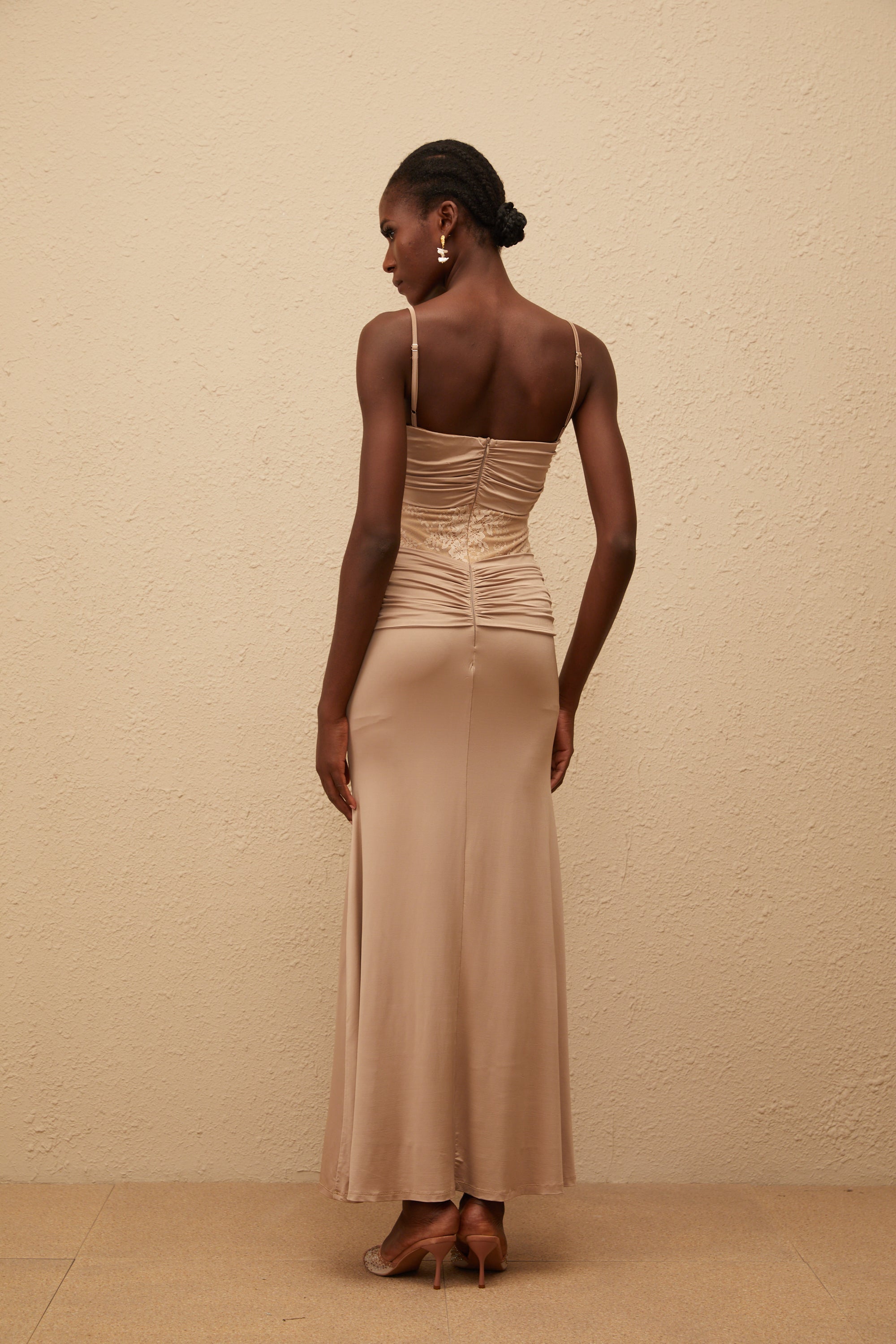 Nevaeh Khaki Twisted Lace Panel Maxi Dress (Final Sale)