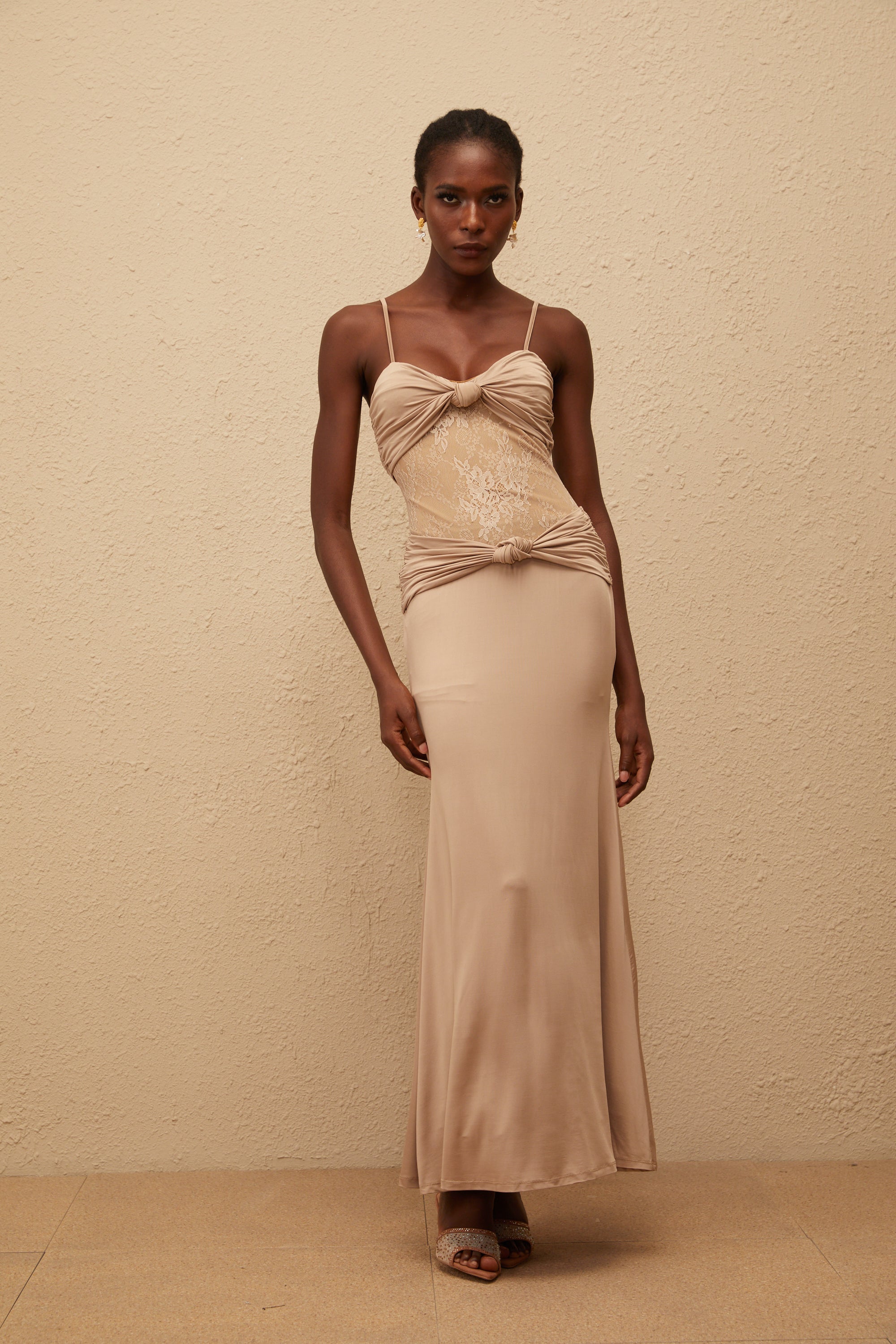 Nevaeh Khaki Twisted Lace Panel Maxi Dress (Final Sale)