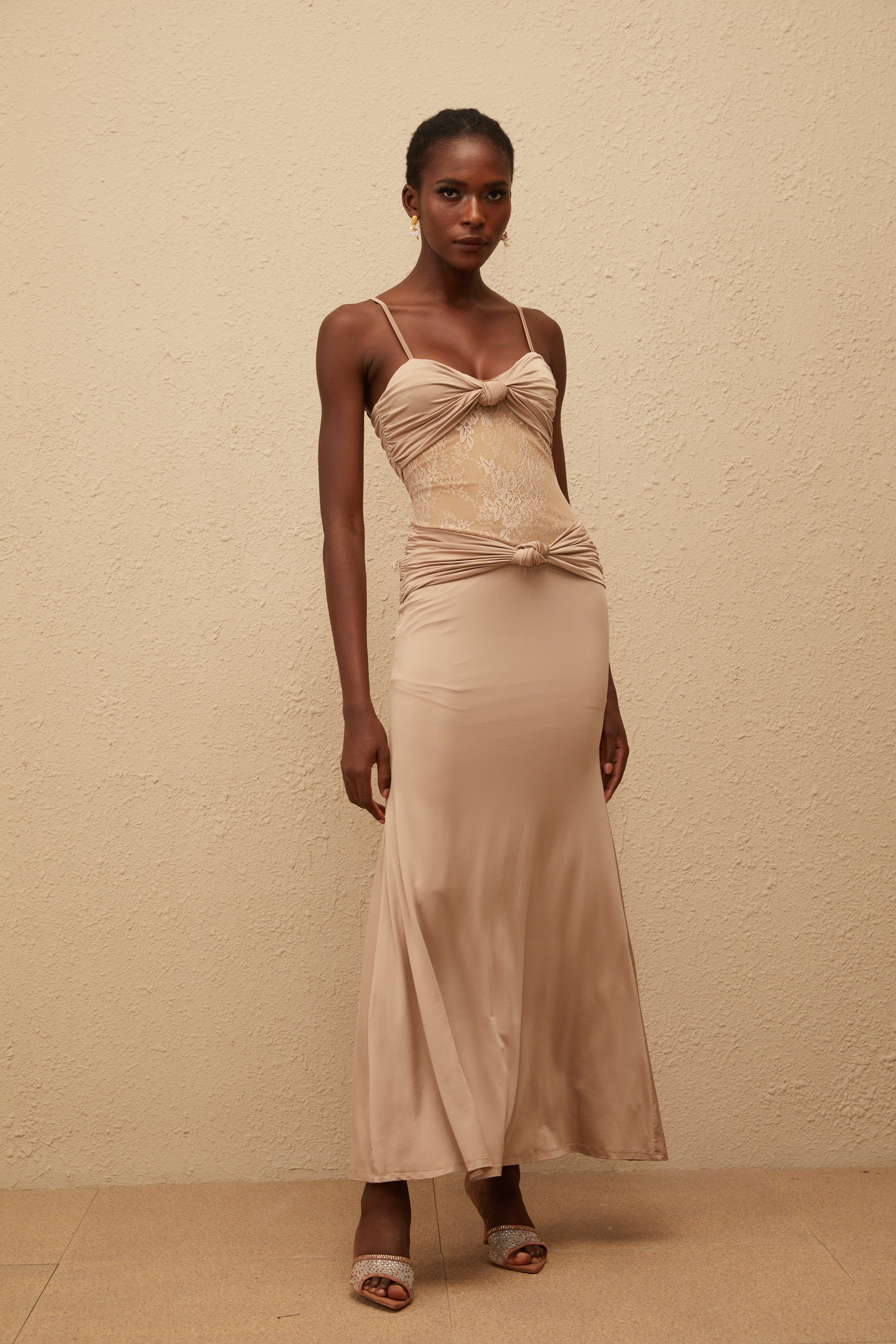 Nevaeh Khaki Twisted Lace Panel Maxi Dress (Final Sale)