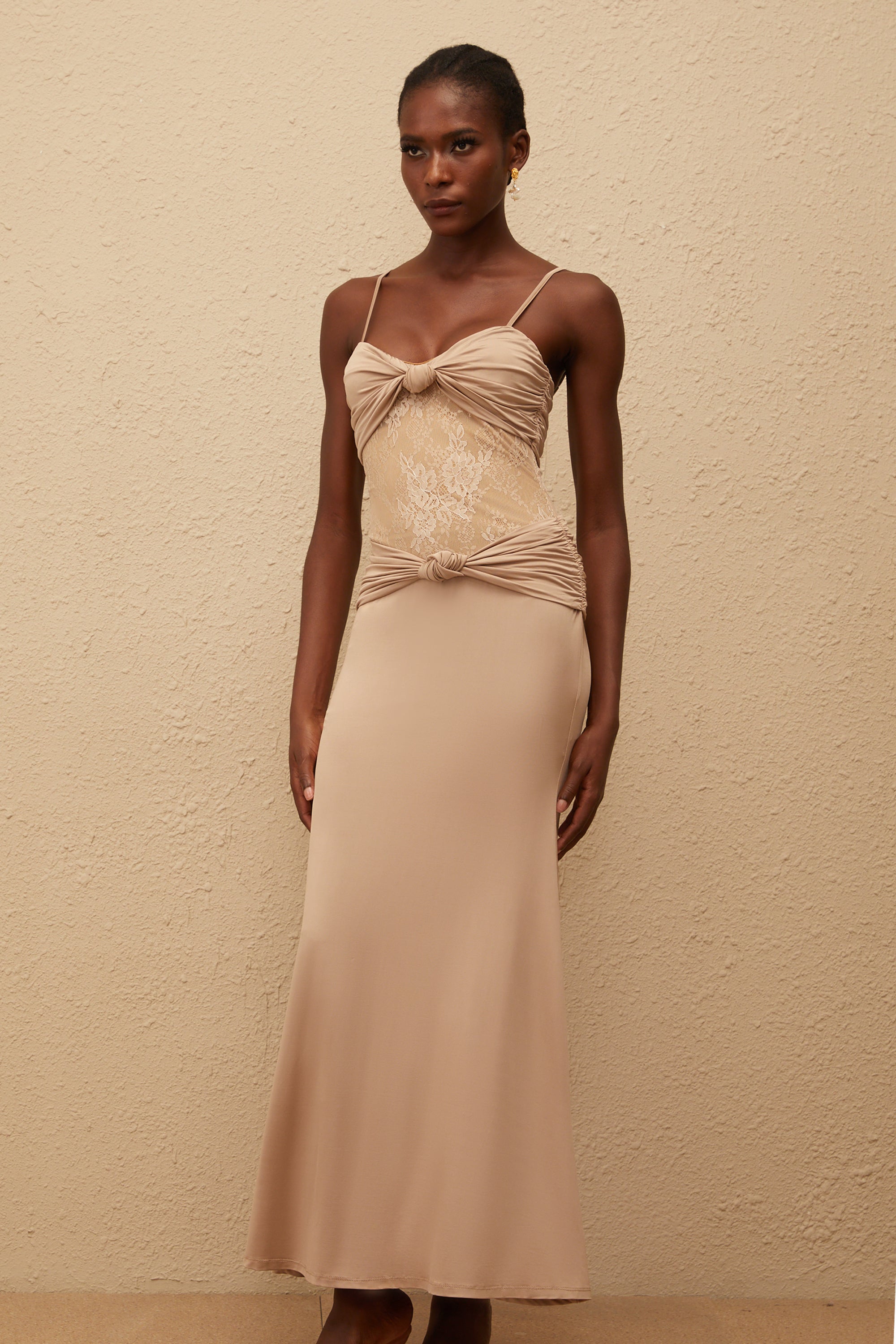 Nevaeh Khaki Twisted Lace Panel Maxi Dress (Final Sale)