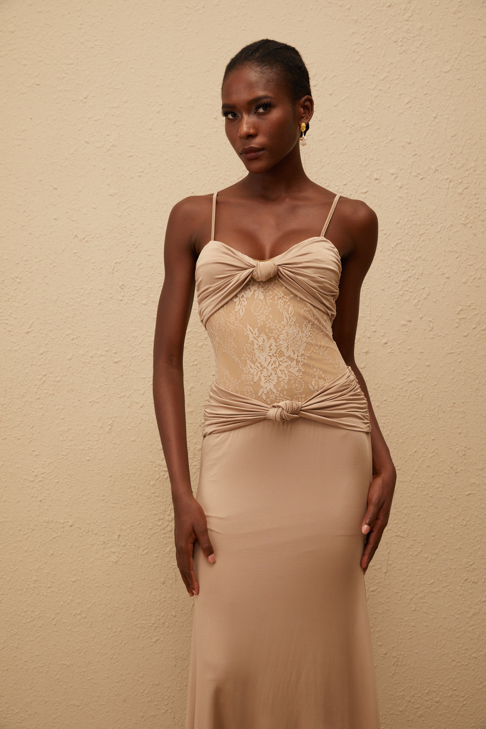 Nevaeh Khaki Twisted Lace Panel Maxi Dress (Final Sale)