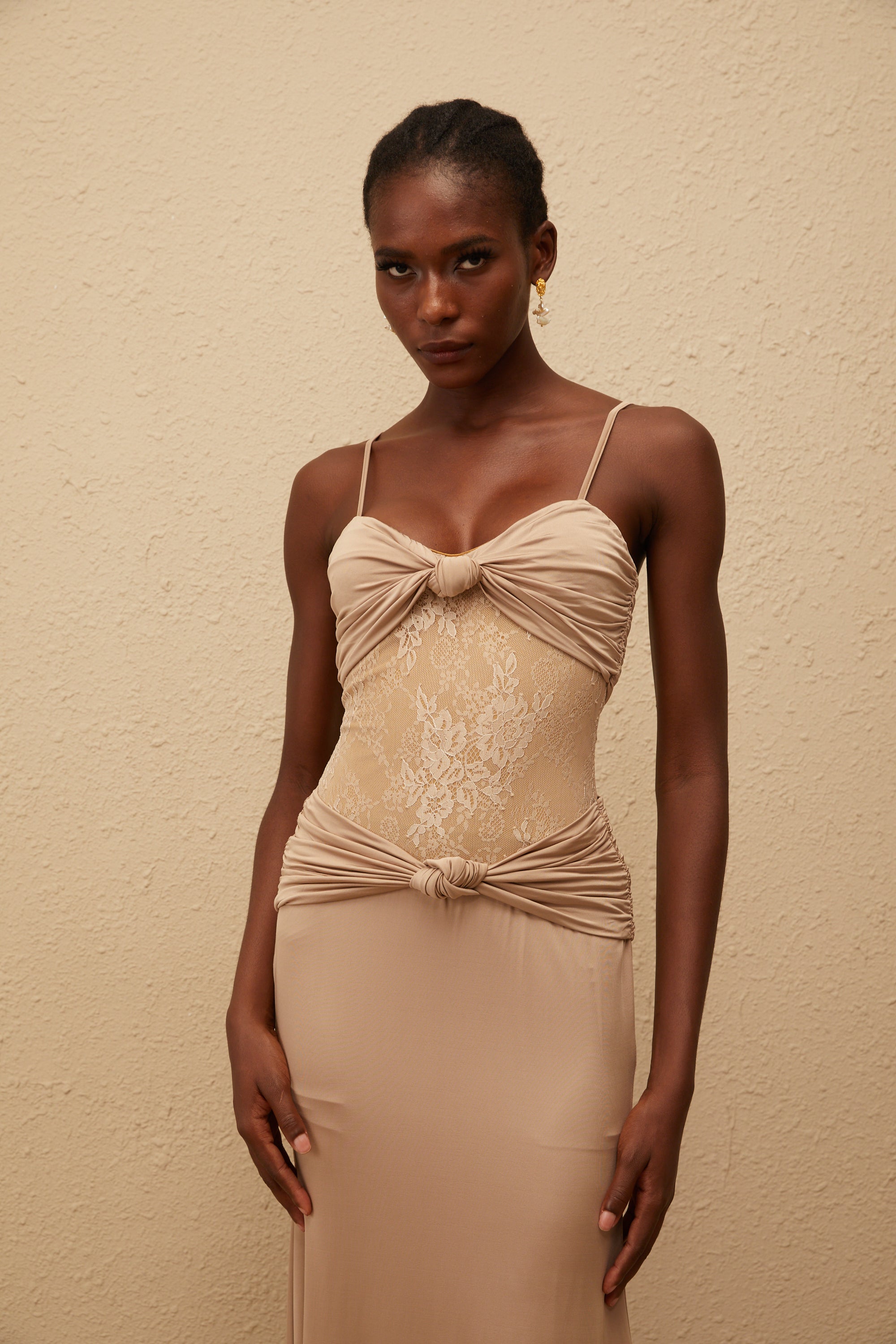 Nevaeh Khaki Twisted Lace Panel Maxi Dress (Final Sale)