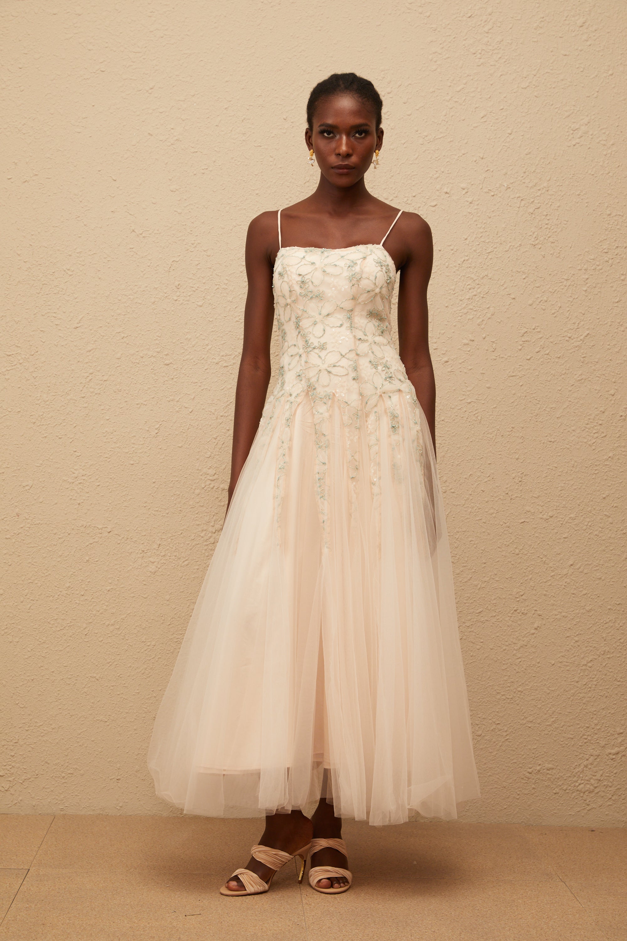 Madeline Green Floral Embroidered Tulle Maxi Dress