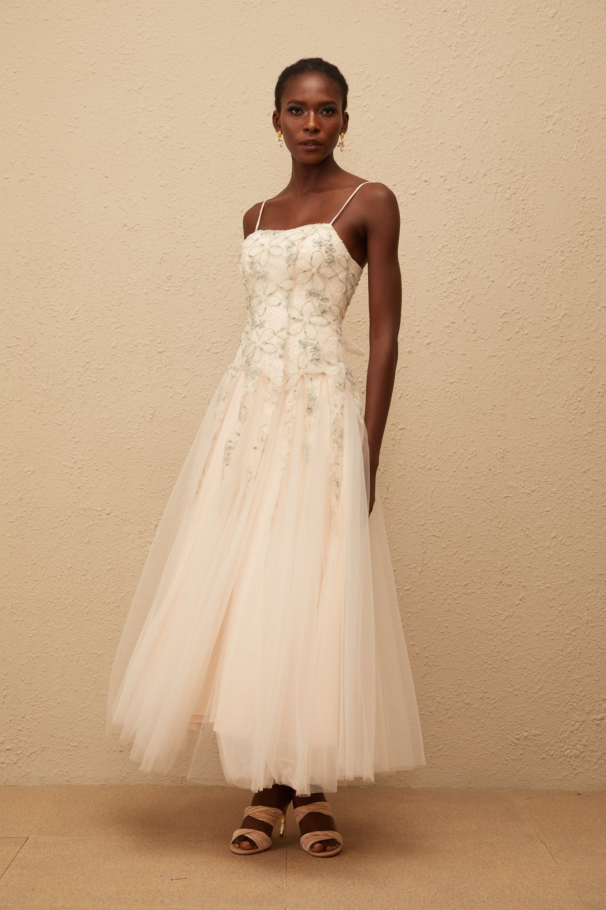 Madeline Green Floral Embroidered Tulle Maxi Dress