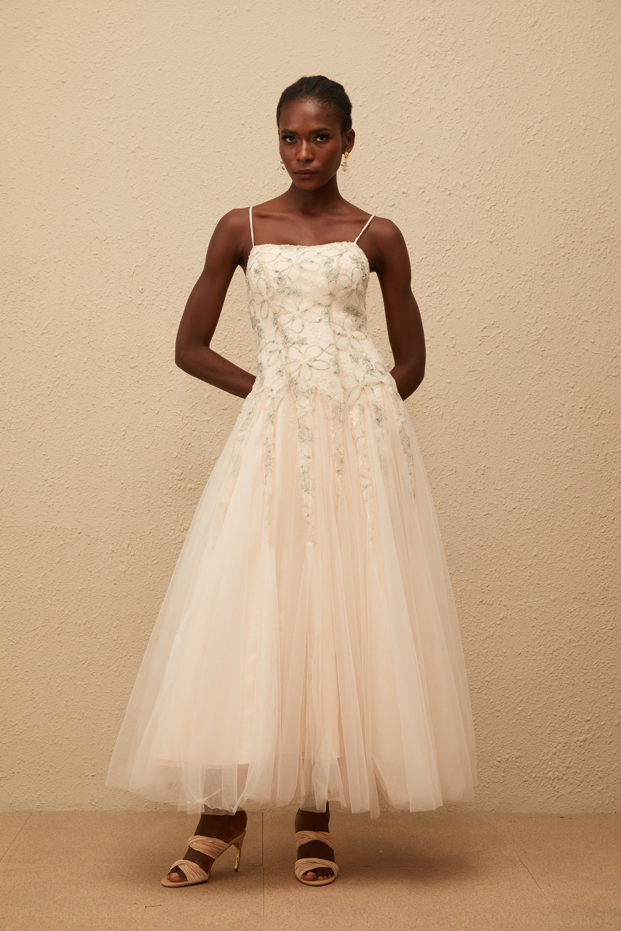 Madeline Green Floral Embroidered Tulle Maxi Dress