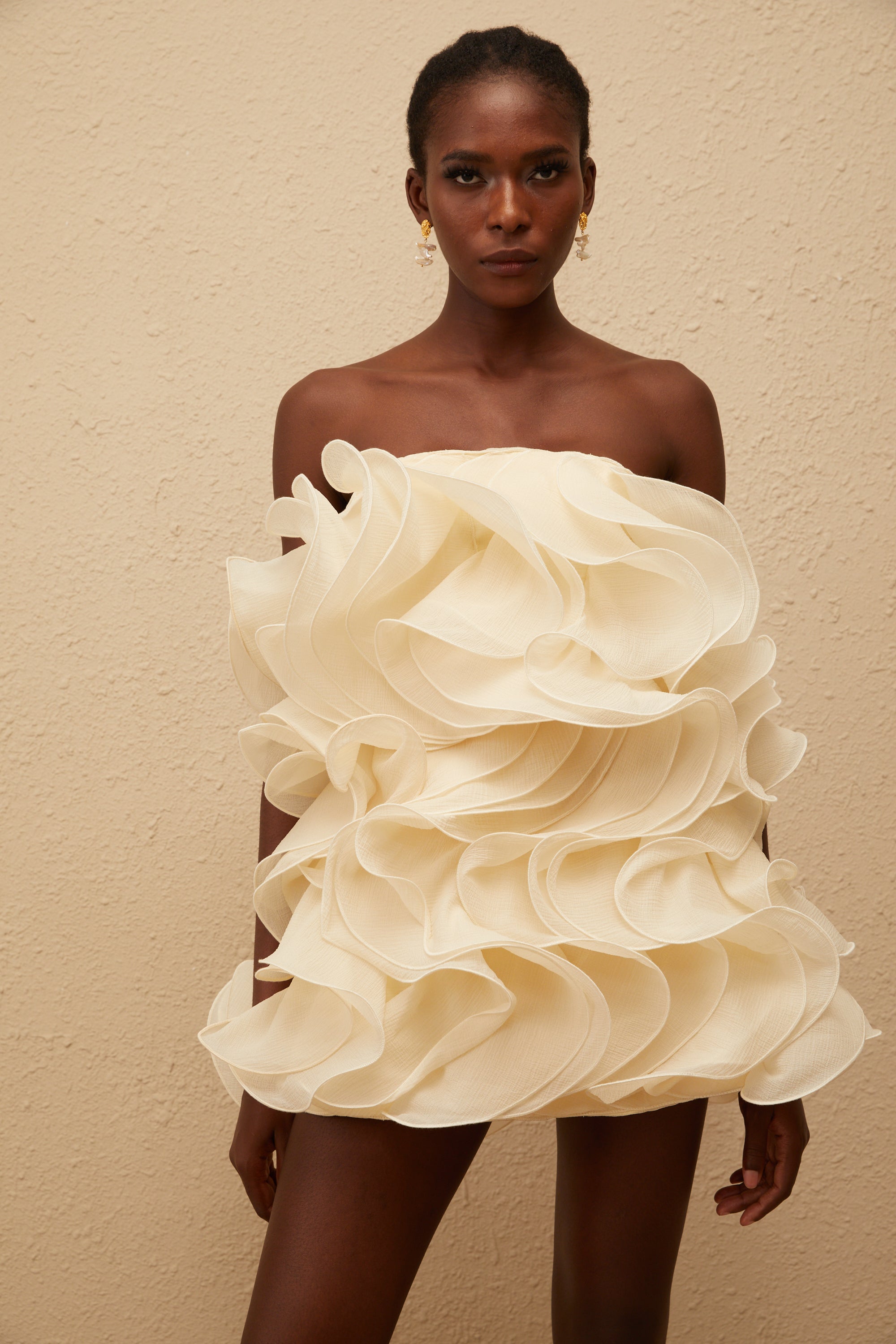 Ruby White 3D Petal Layered Mini Dress