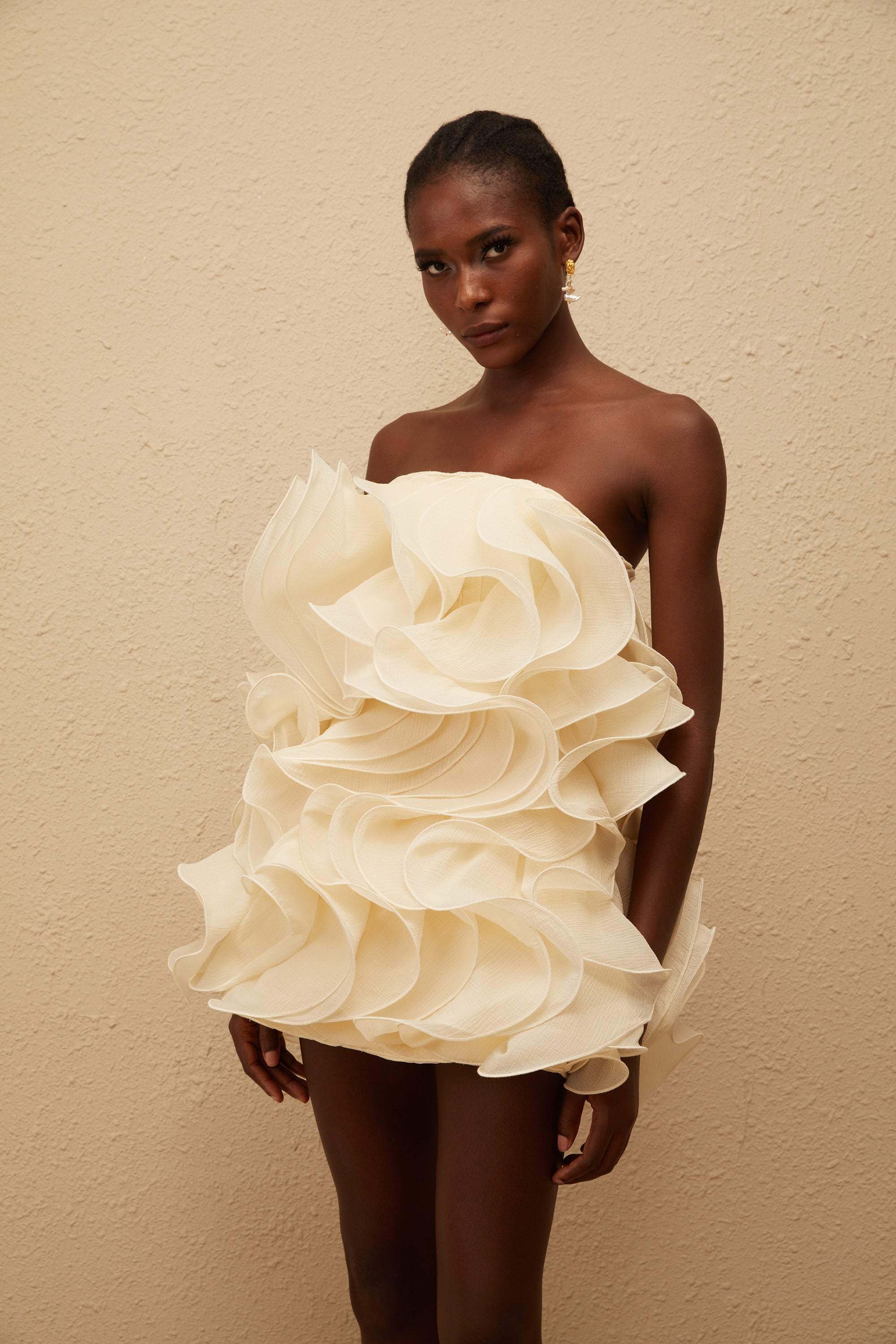 Ruby White 3D Petal Layered Mini Dress