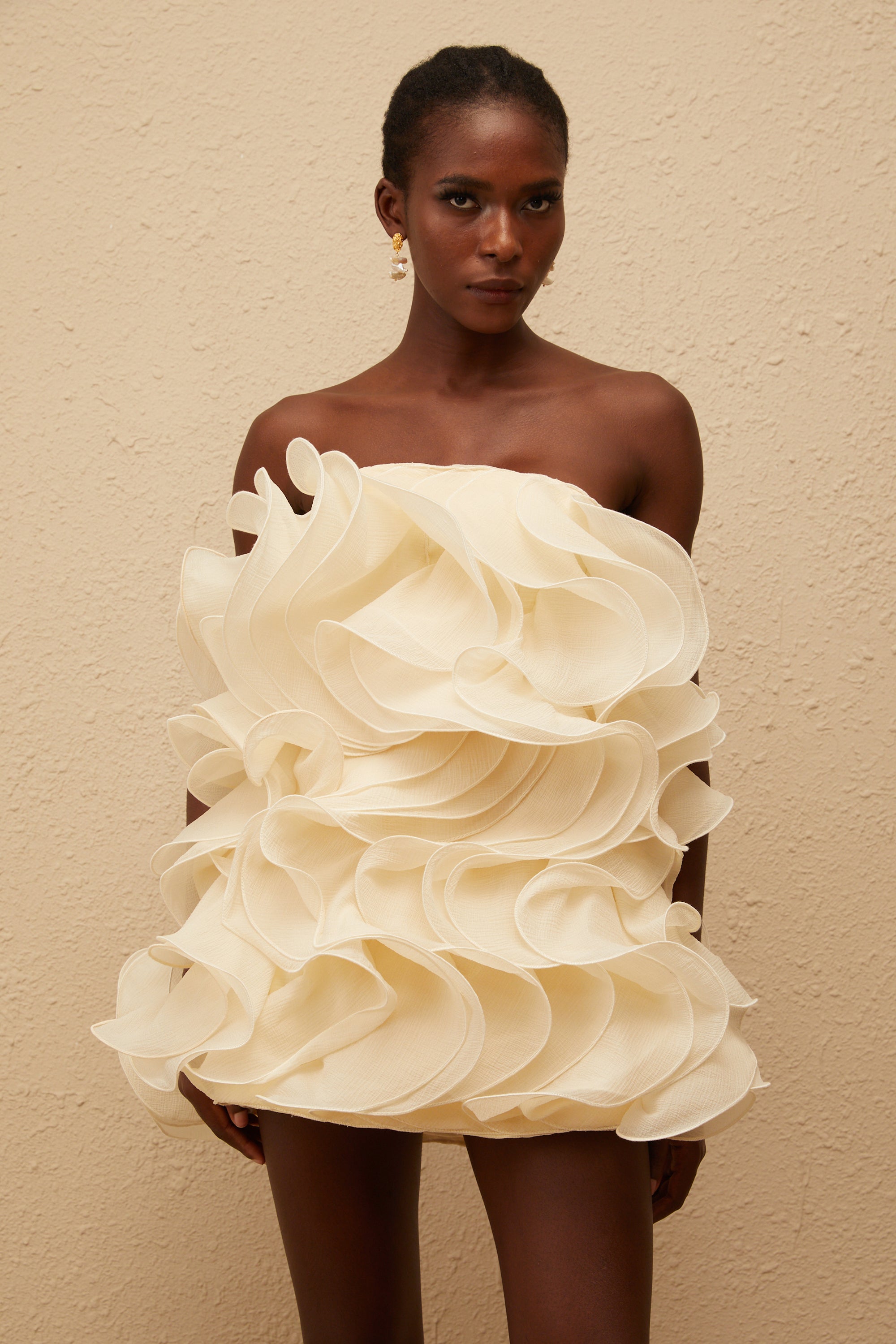 Ruby White 3D Petal Layered Mini Dress