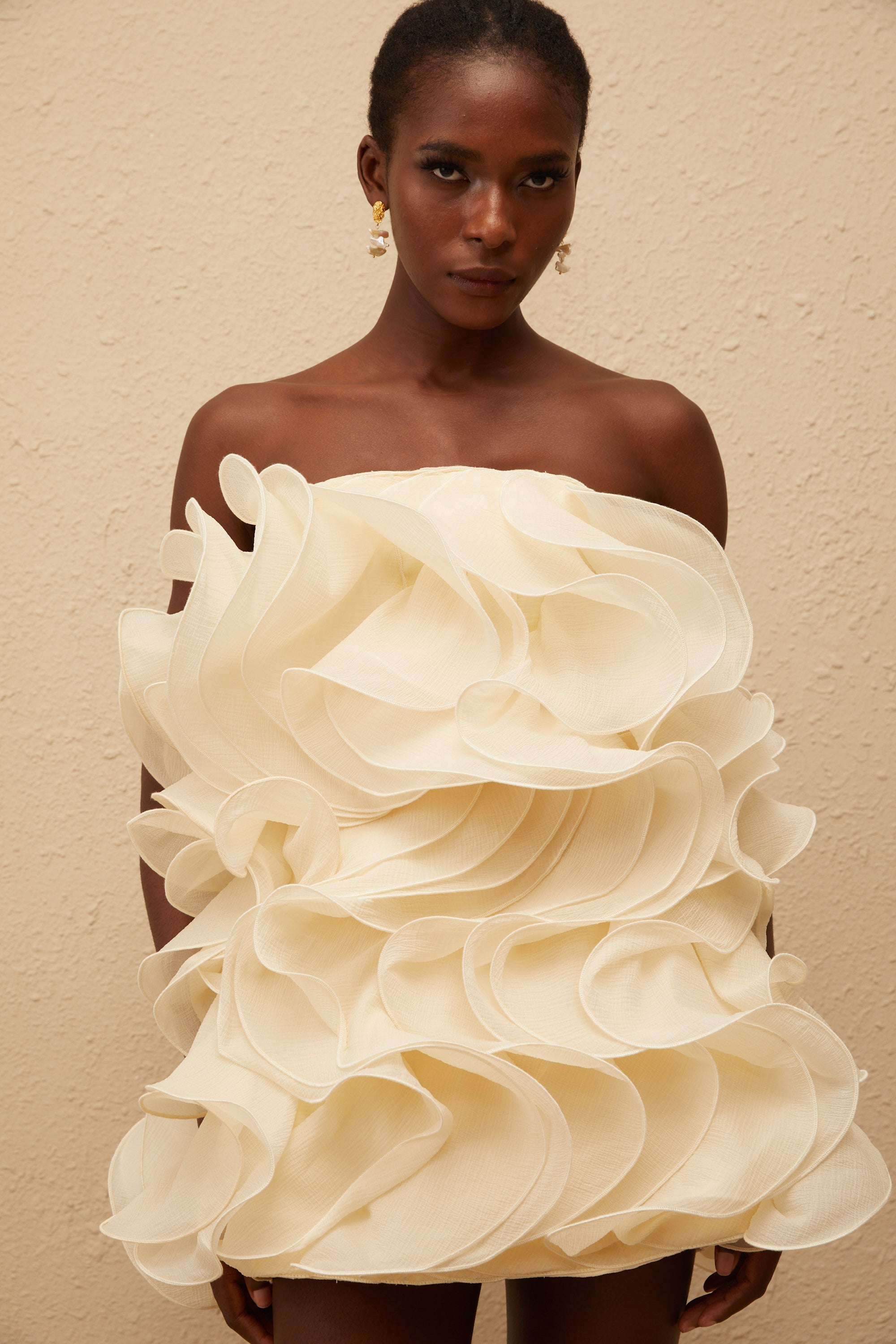 Ruby White 3D Petal Layered Mini Dress