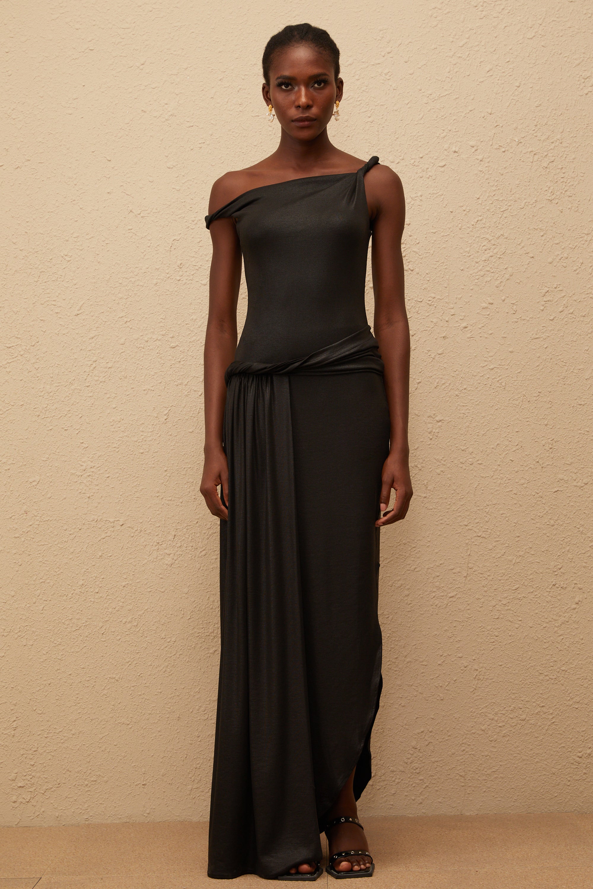 Samantha Black Asymmetrical Gathered Maxi Dress