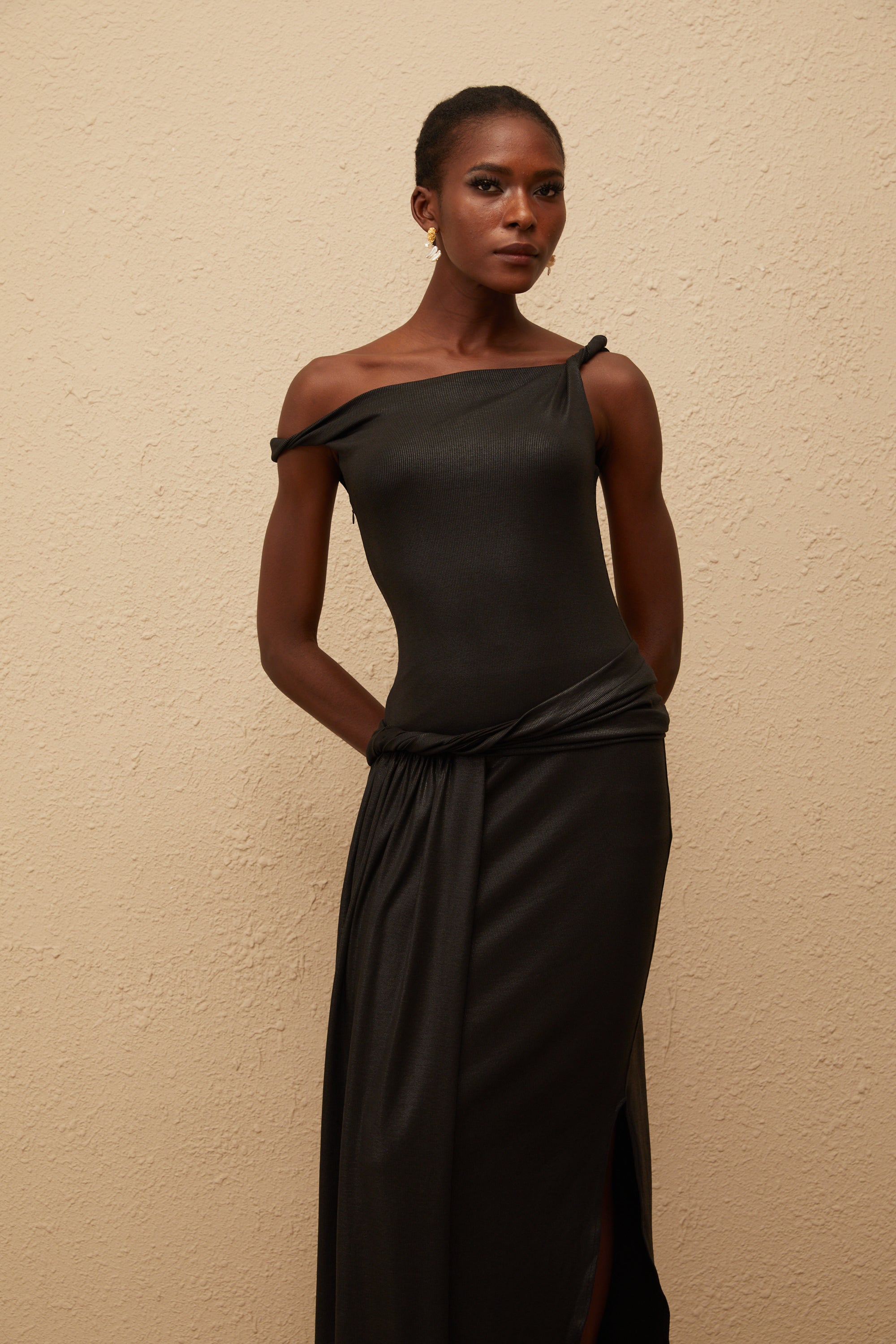 Samantha Black Asymmetrical Gathered Maxi Dress