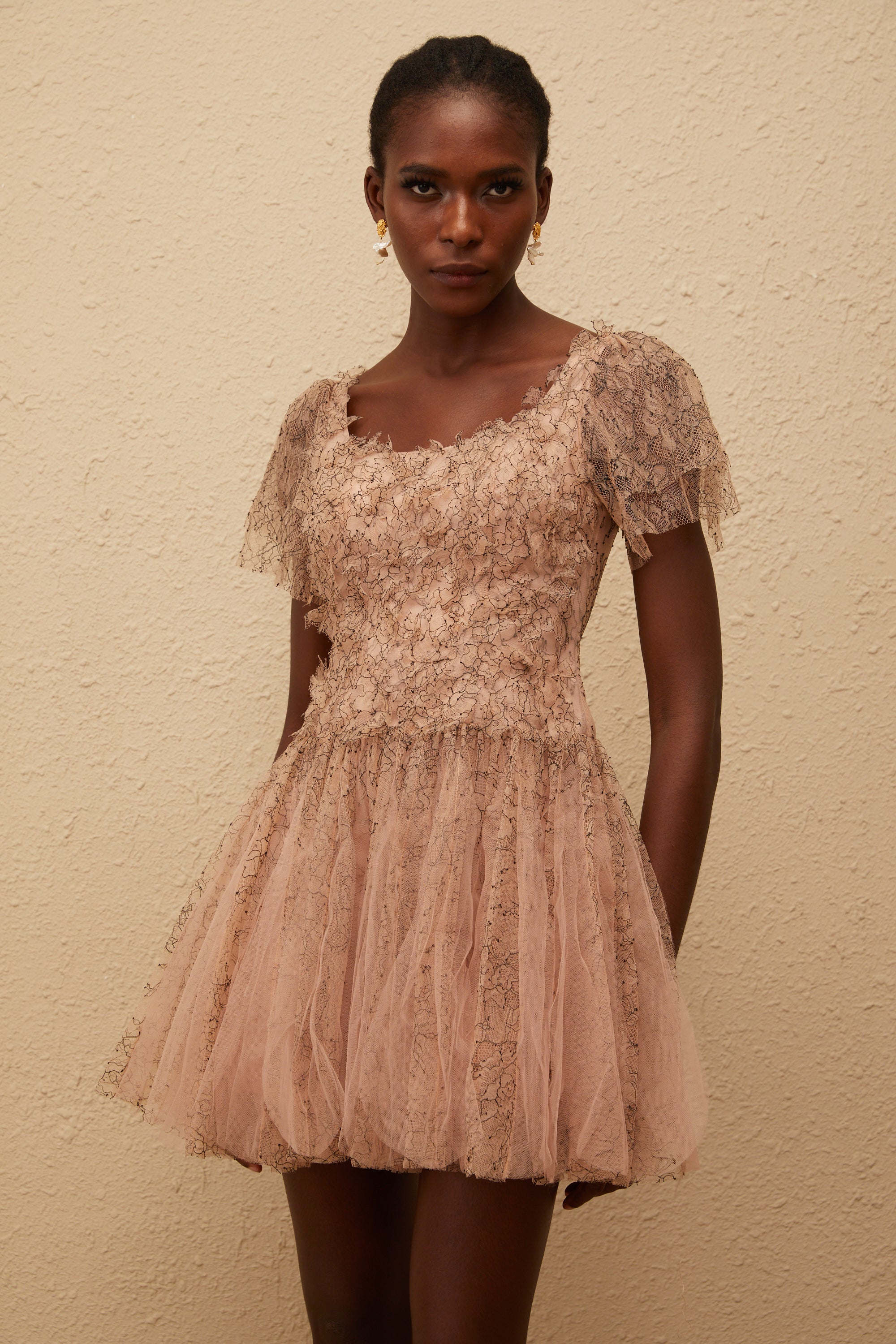 Gaëtane Braunes Minikleid mit Tülleinsatz und Spitze