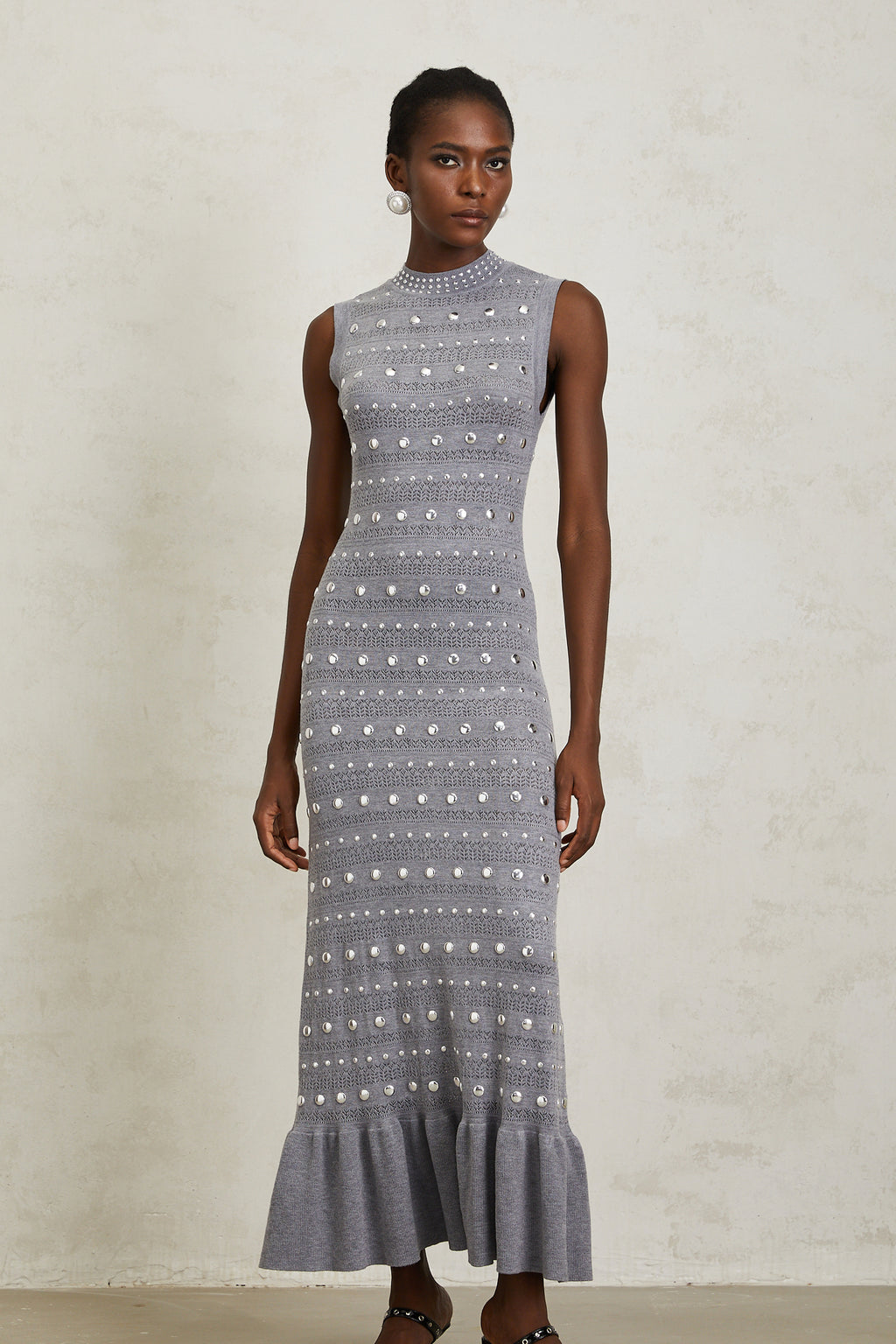 Chlo Grey Studded Crochet Knit Maxi Dress, M / Grey