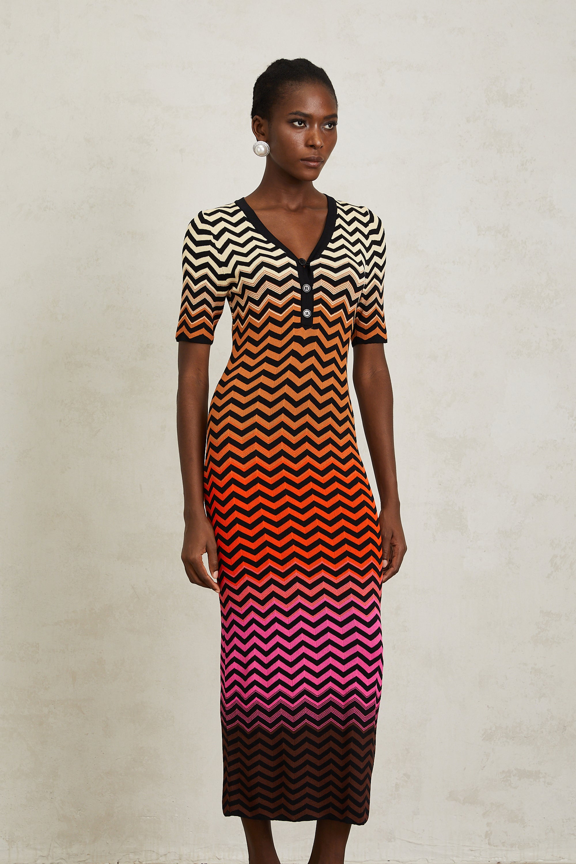 Charitina Brown Gradient Zigzag Knit Midi Dress