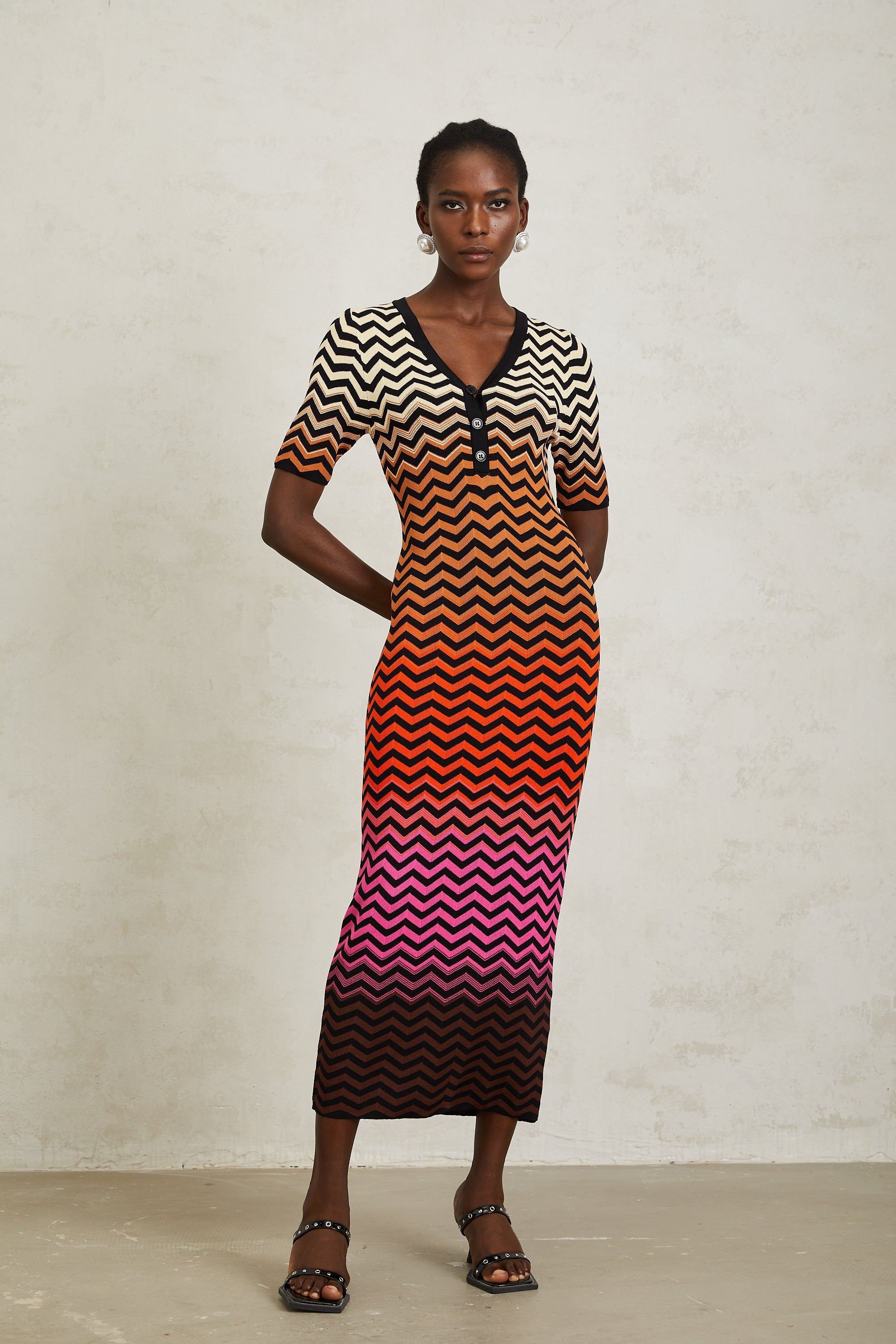 Charitina Brown Gradient Zigzag Knit Midi Dress