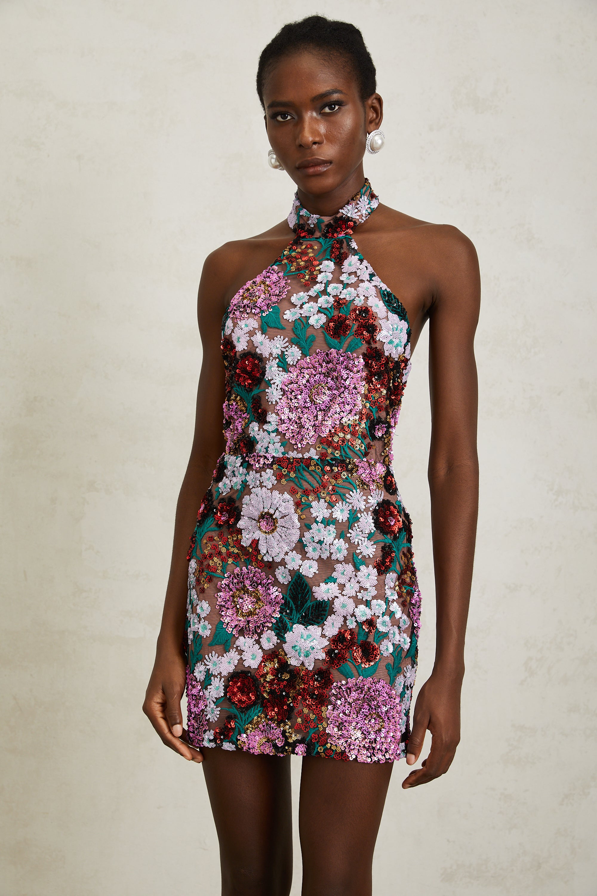 Lilafarbenes Minikleid „Clara“ mit Pailletten und Blumenstickerei