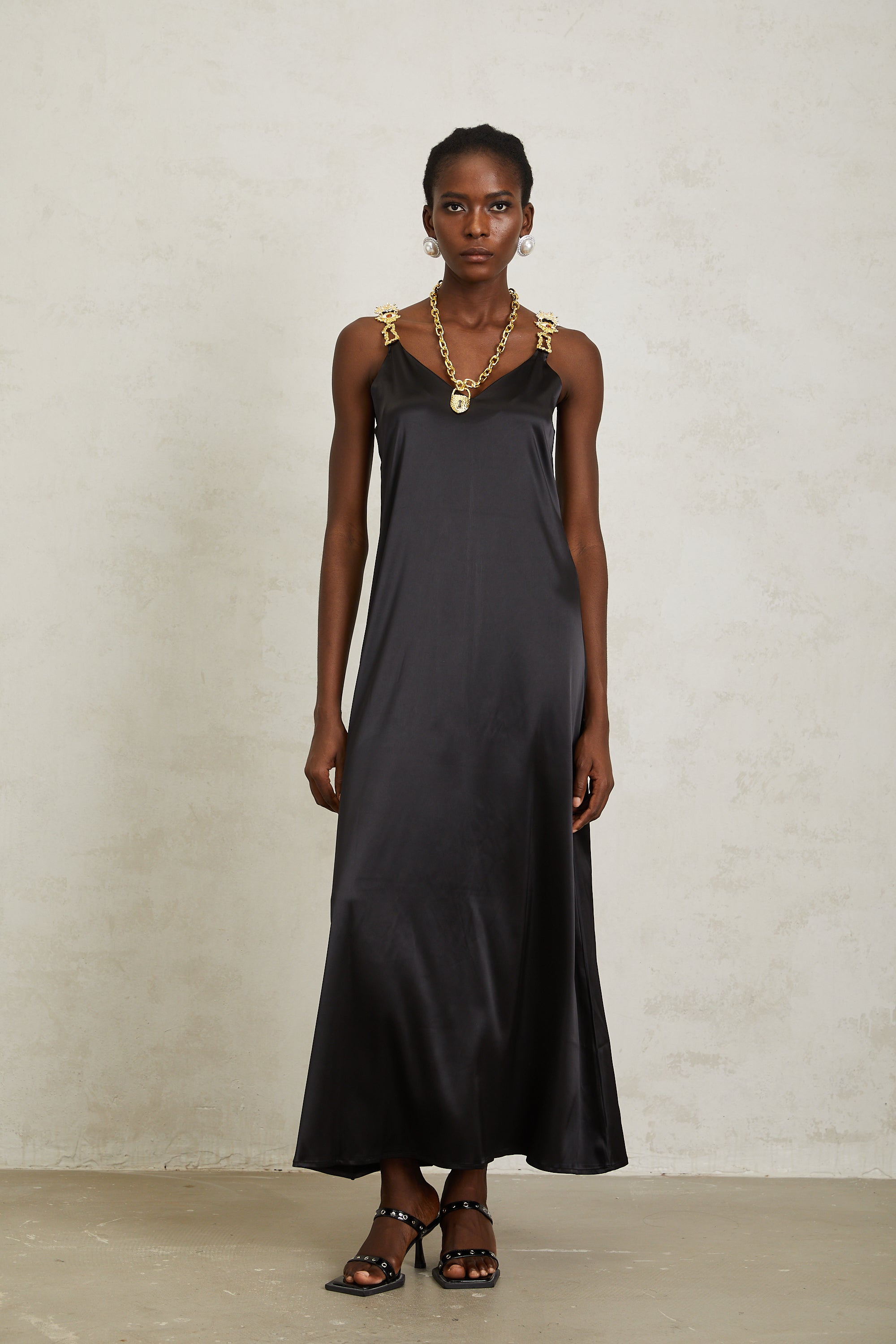 Ysandre Black Chain Detail Satin Midi Dress