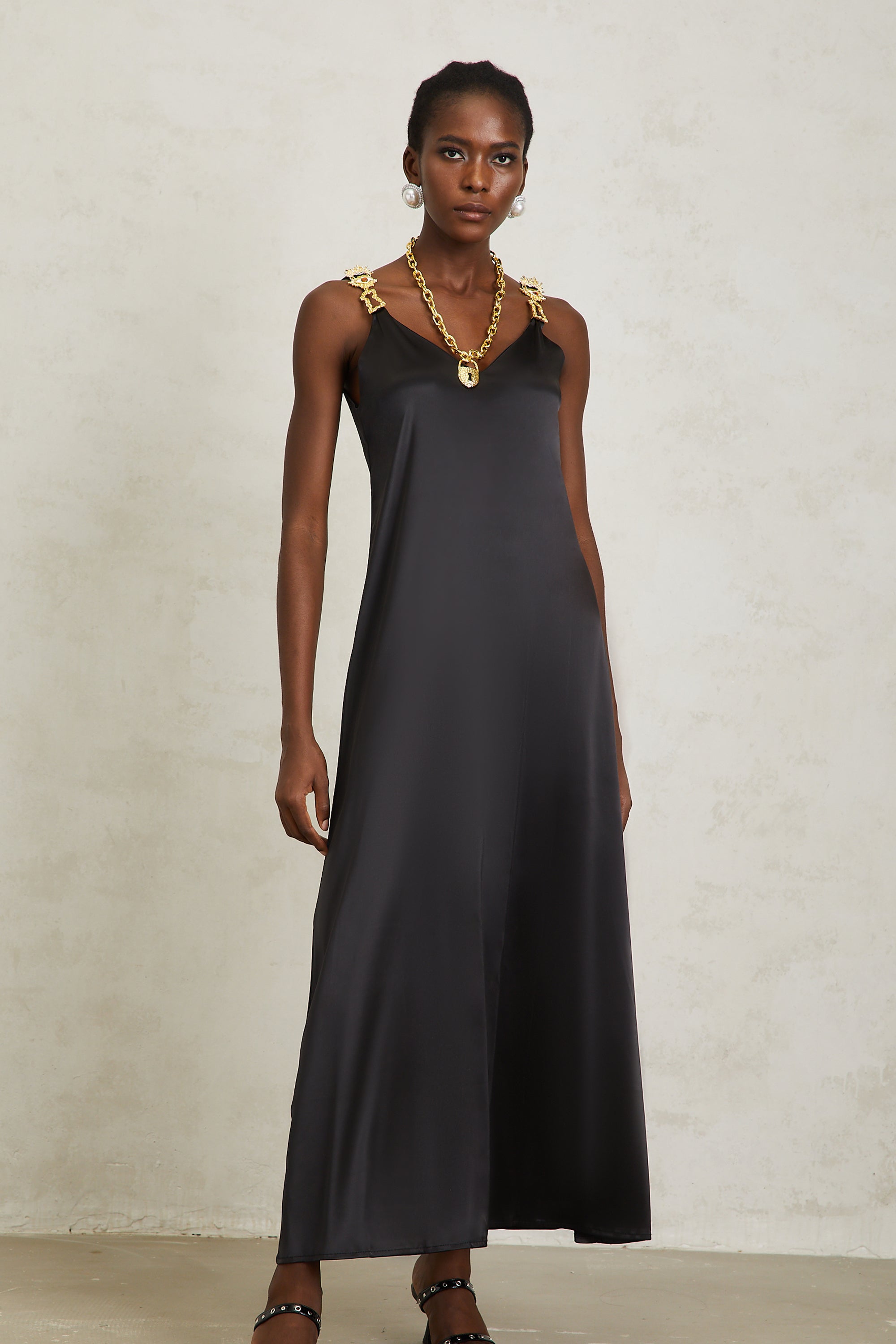 Ysandre Black Chain Detail Satin Midi Dress