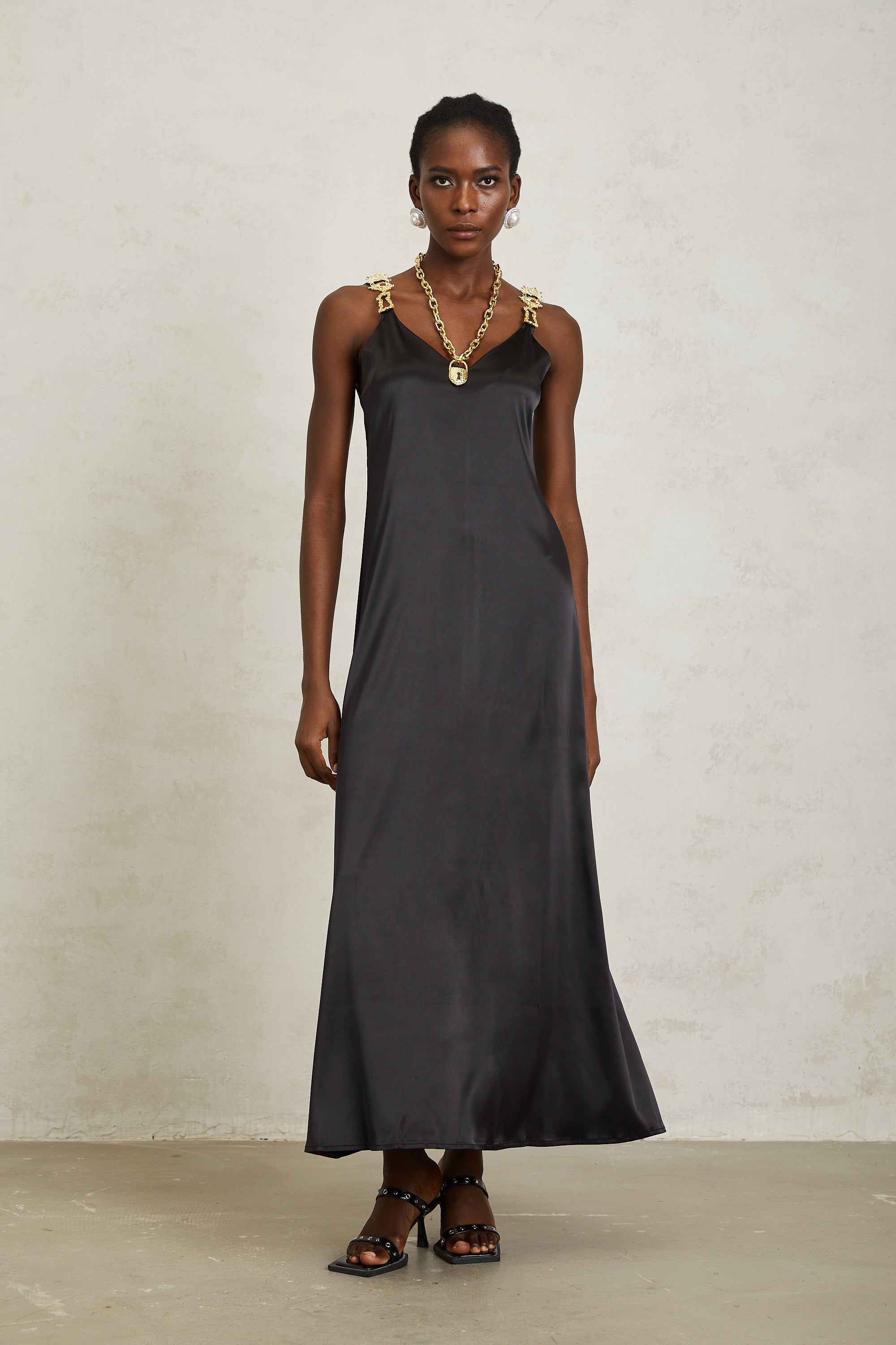 Ysandre Black Chain Detail Satin Midi Dress