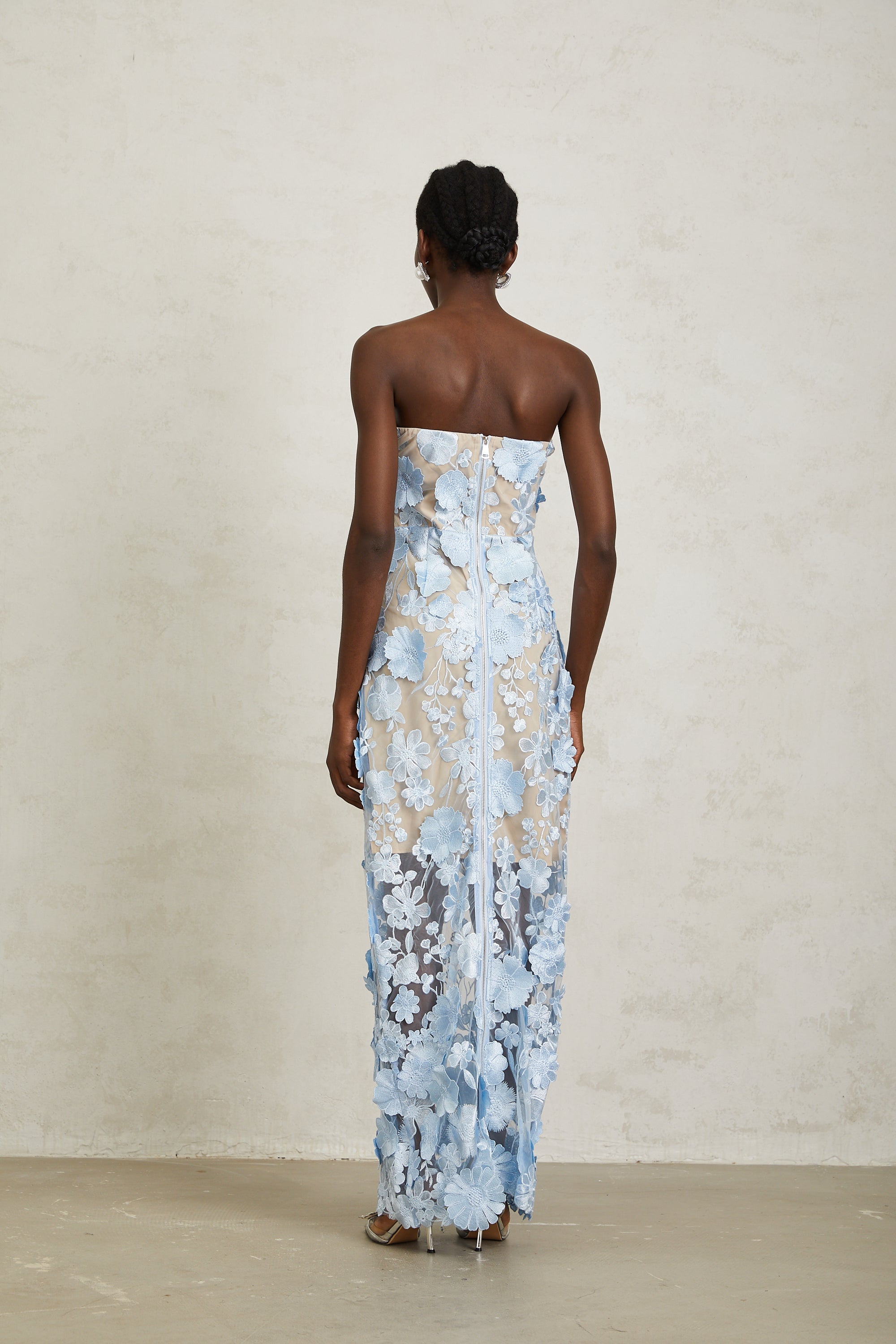 Brigitte Blue Floral Appliqué Corset Maxi Dress