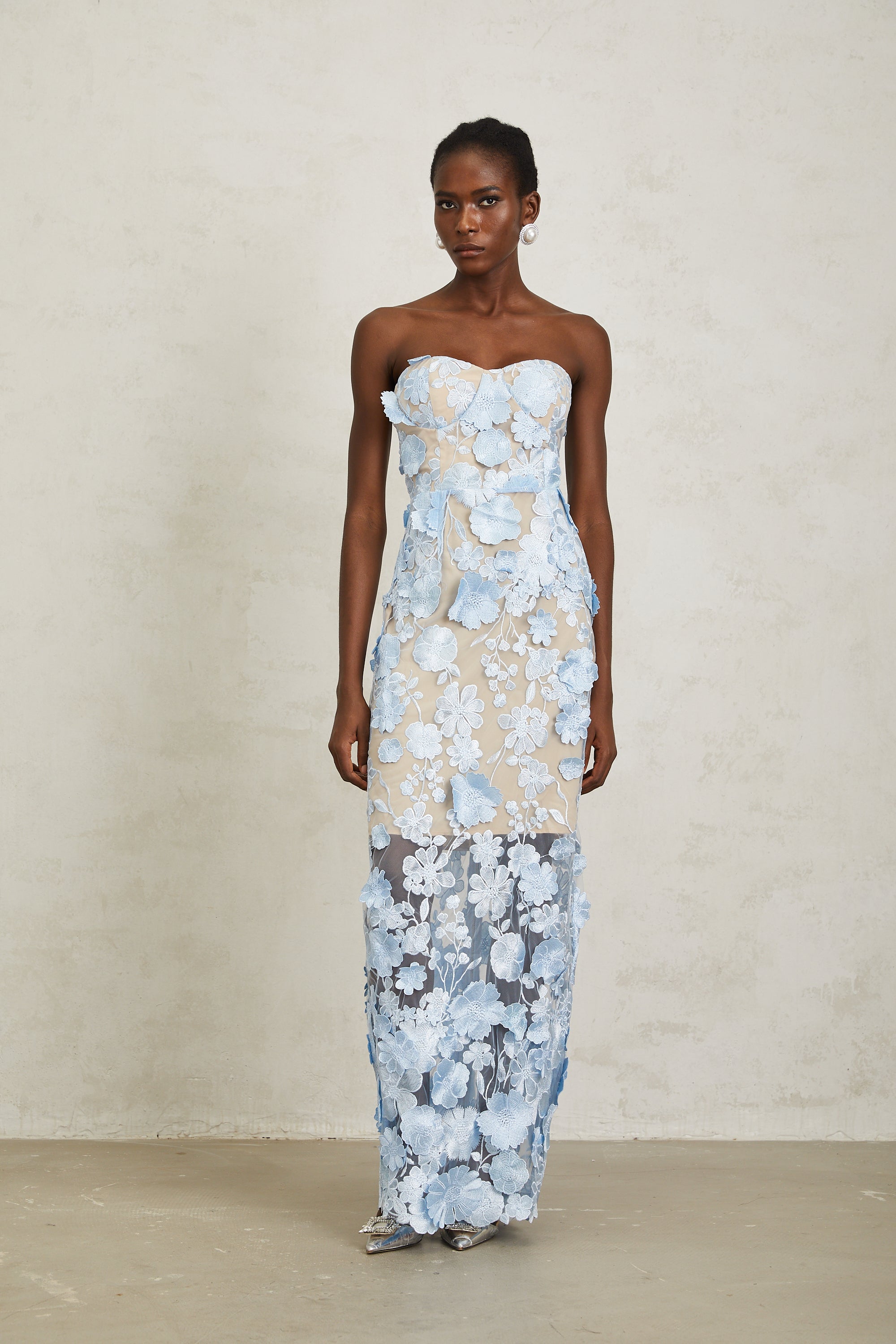 Brigitte Blue Floral Appliqué Corset Maxi Dress