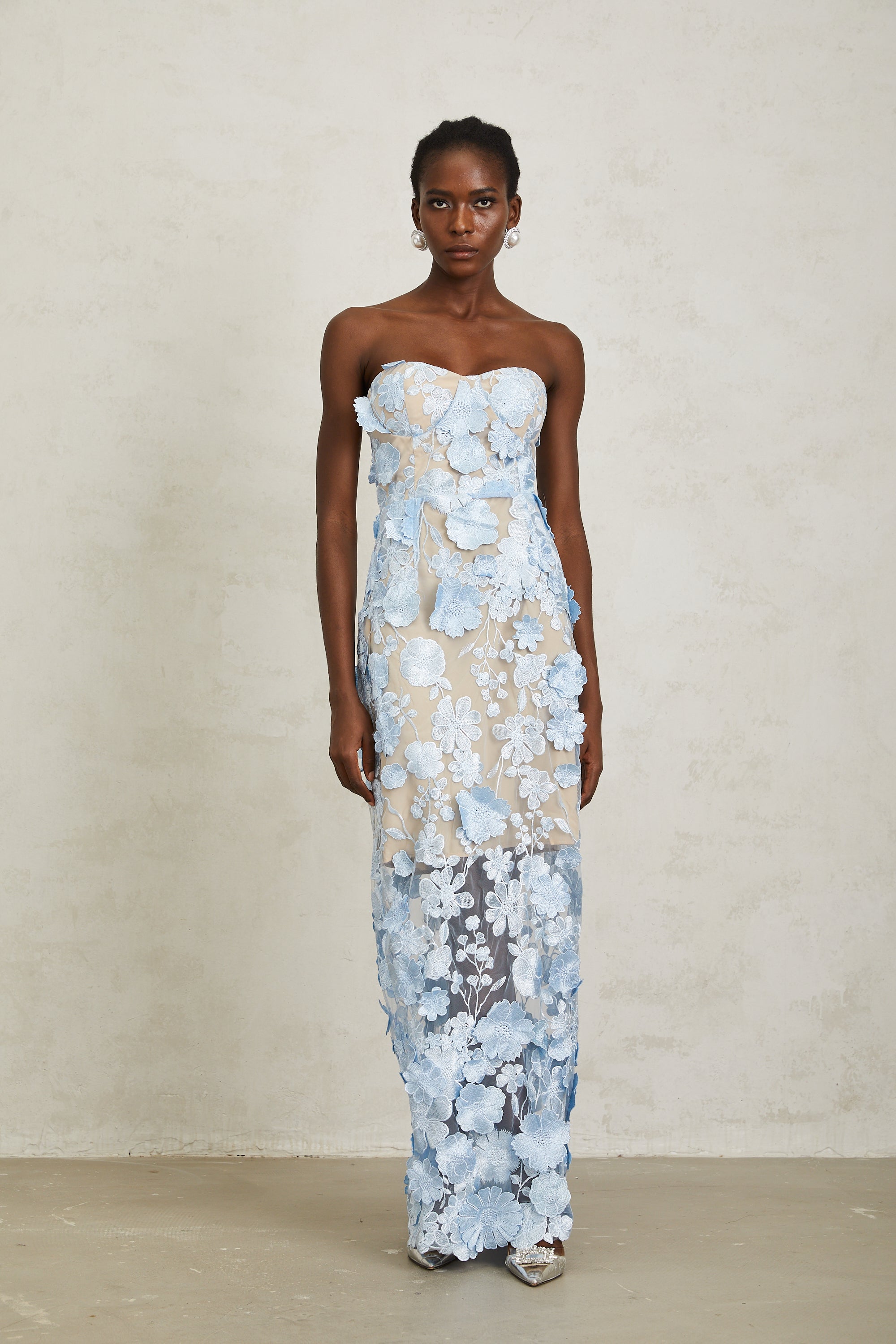 Brigitte Blue Floral Appliqué Corset Maxi Dress