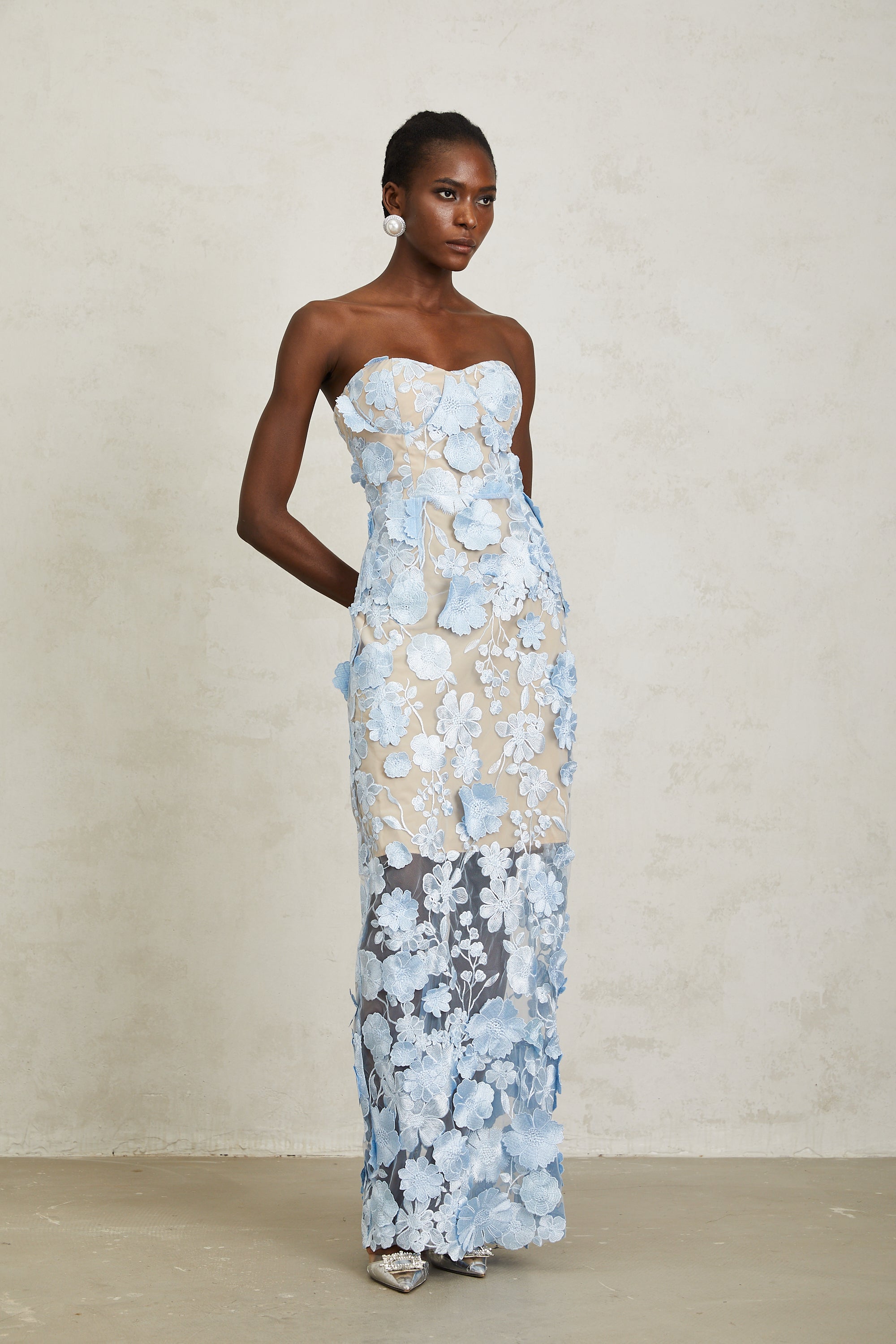 Brigitte Blue Floral Appliqué Corset Maxi Dress