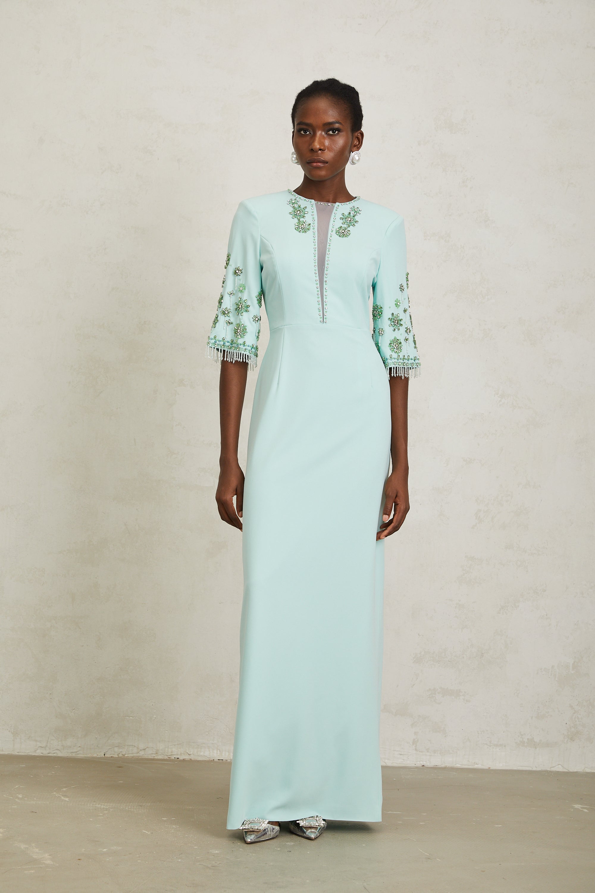 Manuela Mint Green Crystal Embellished Maxi Dress
