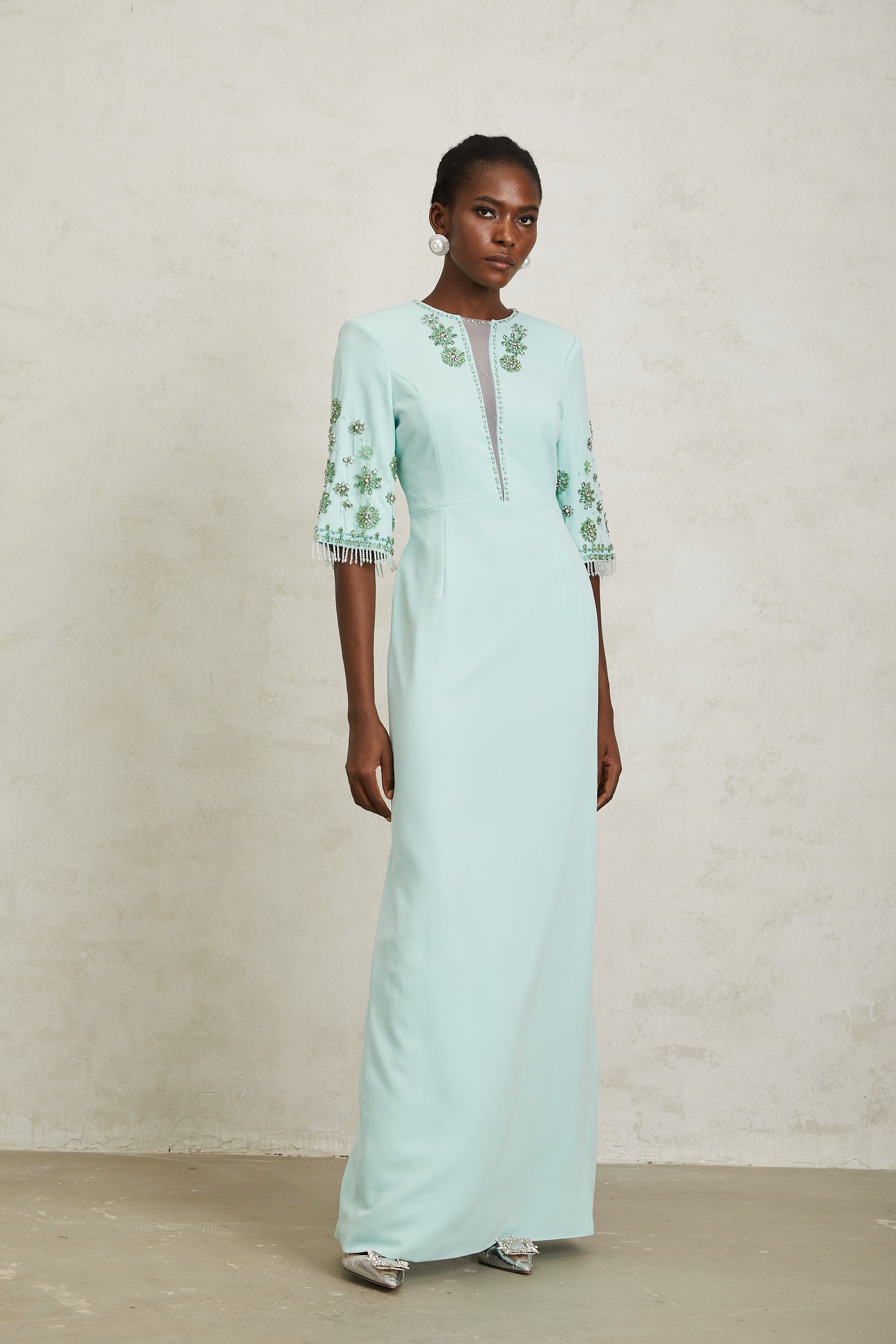 Manuela Mint Green Crystal Embellished Maxi Dress