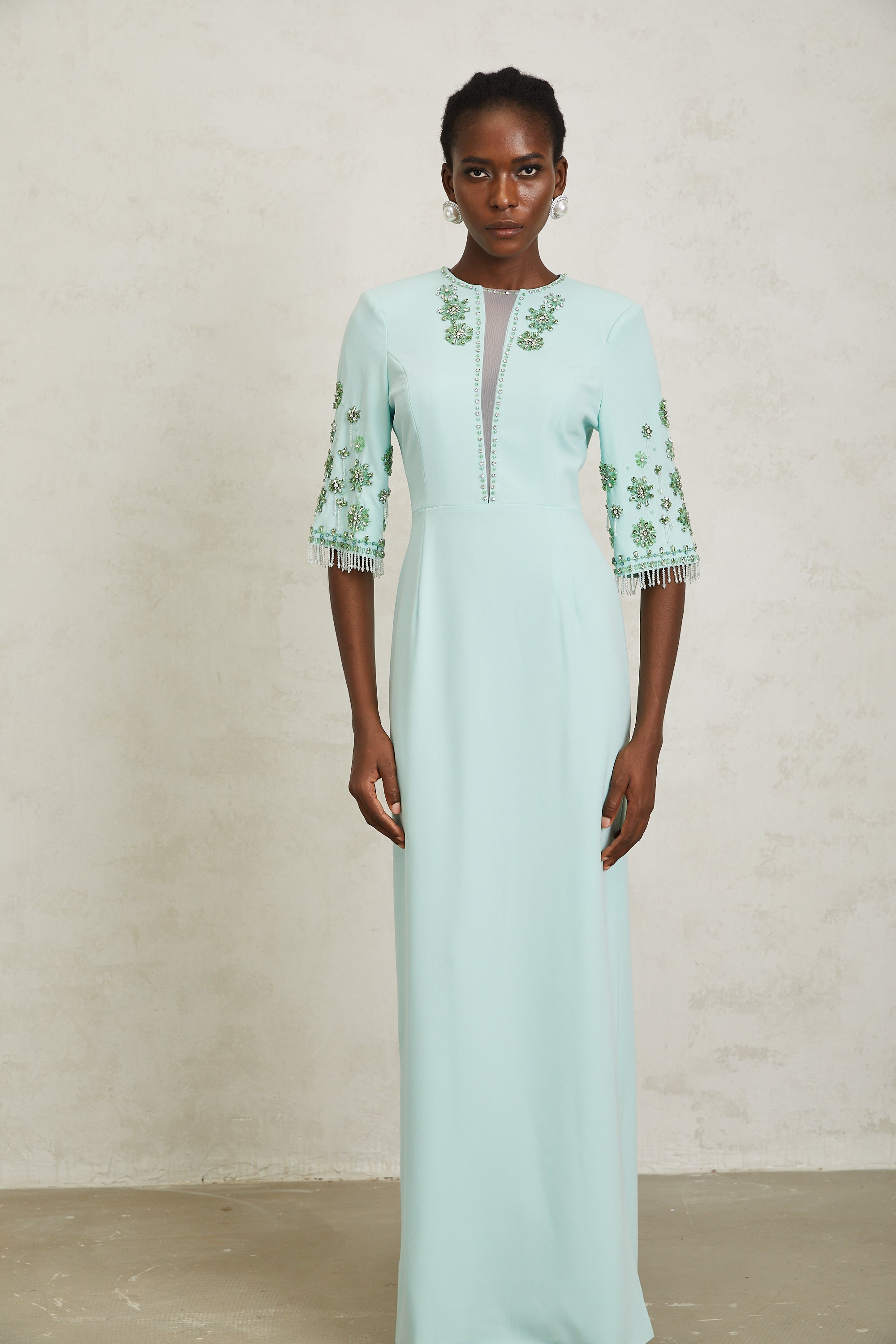 Manuela Mint Green Crystal Embellished Maxi Dress