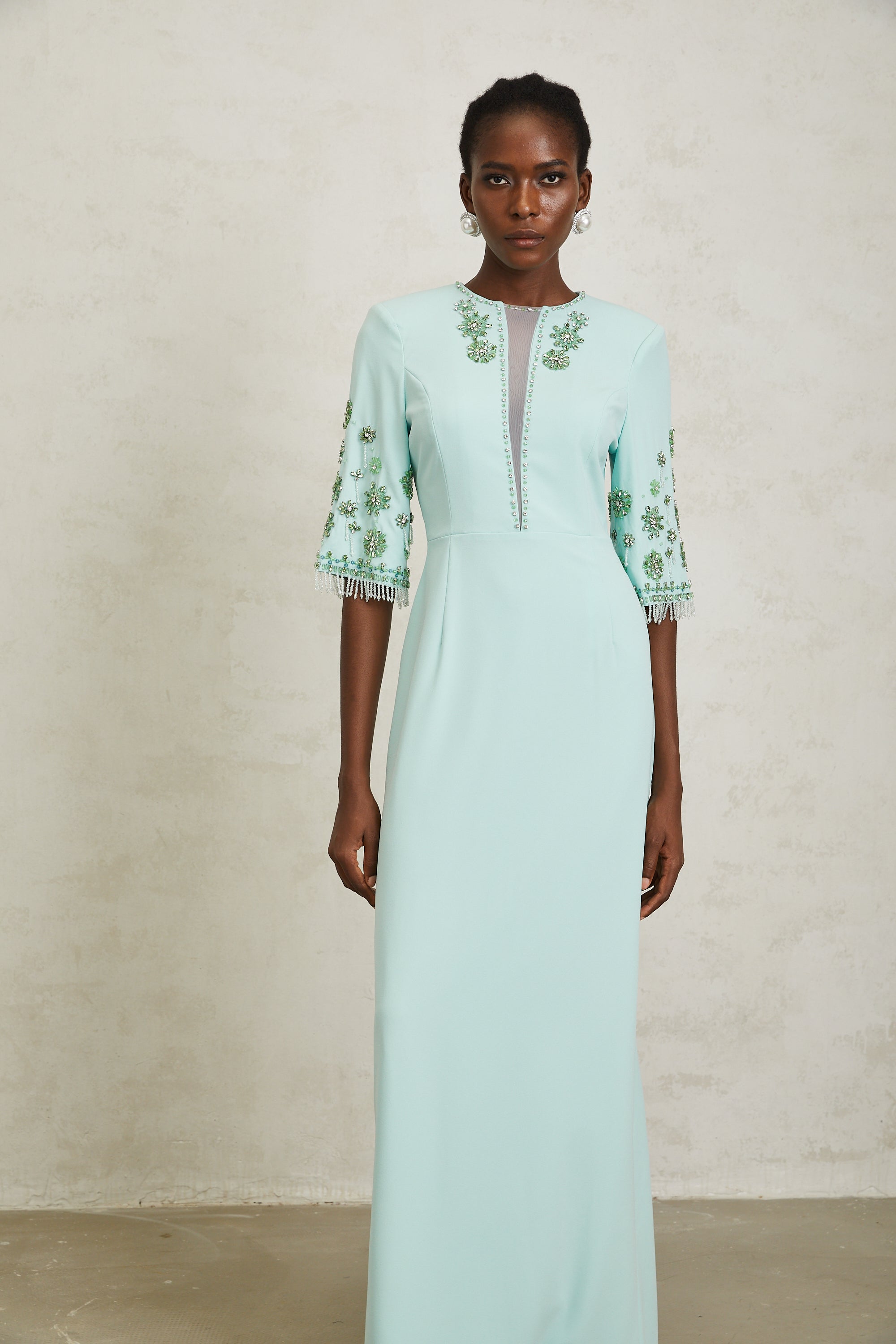 Manuela Mint Green Crystal Embellished Maxi Dress