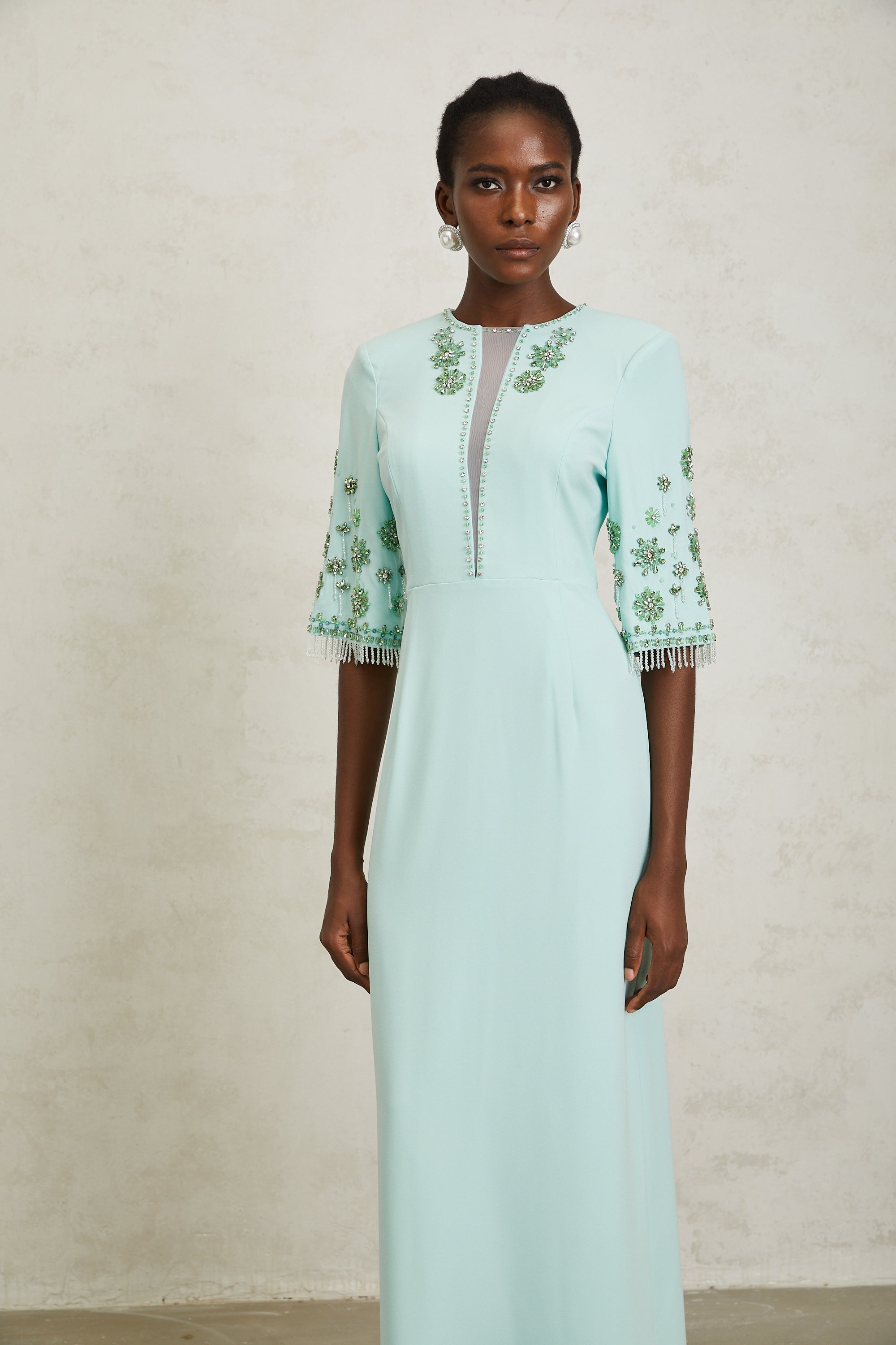Manuela Mint Green Crystal Embellished Maxi Dress
