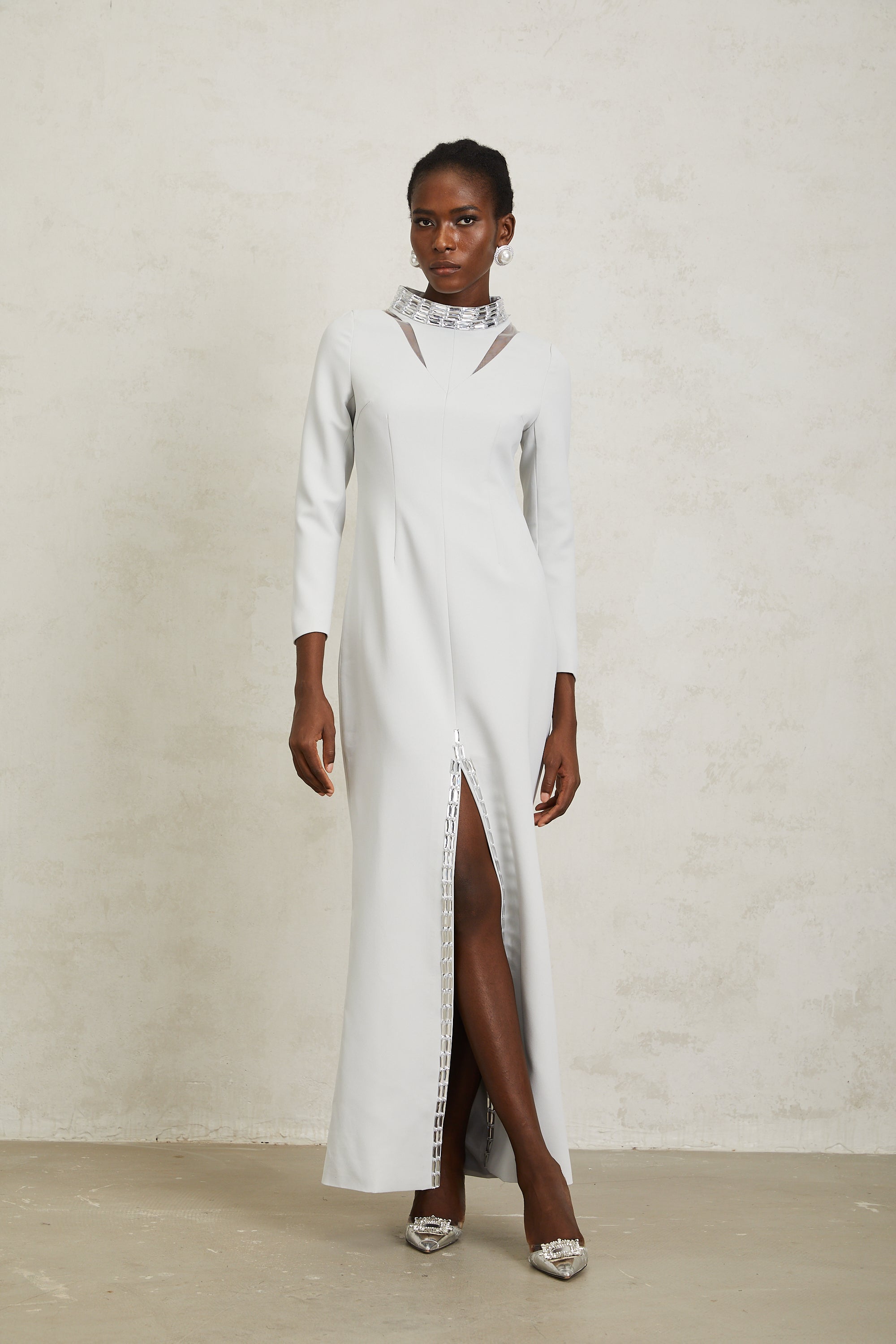 Magdalena Light Grey Crystal Embellished Maxi Dress