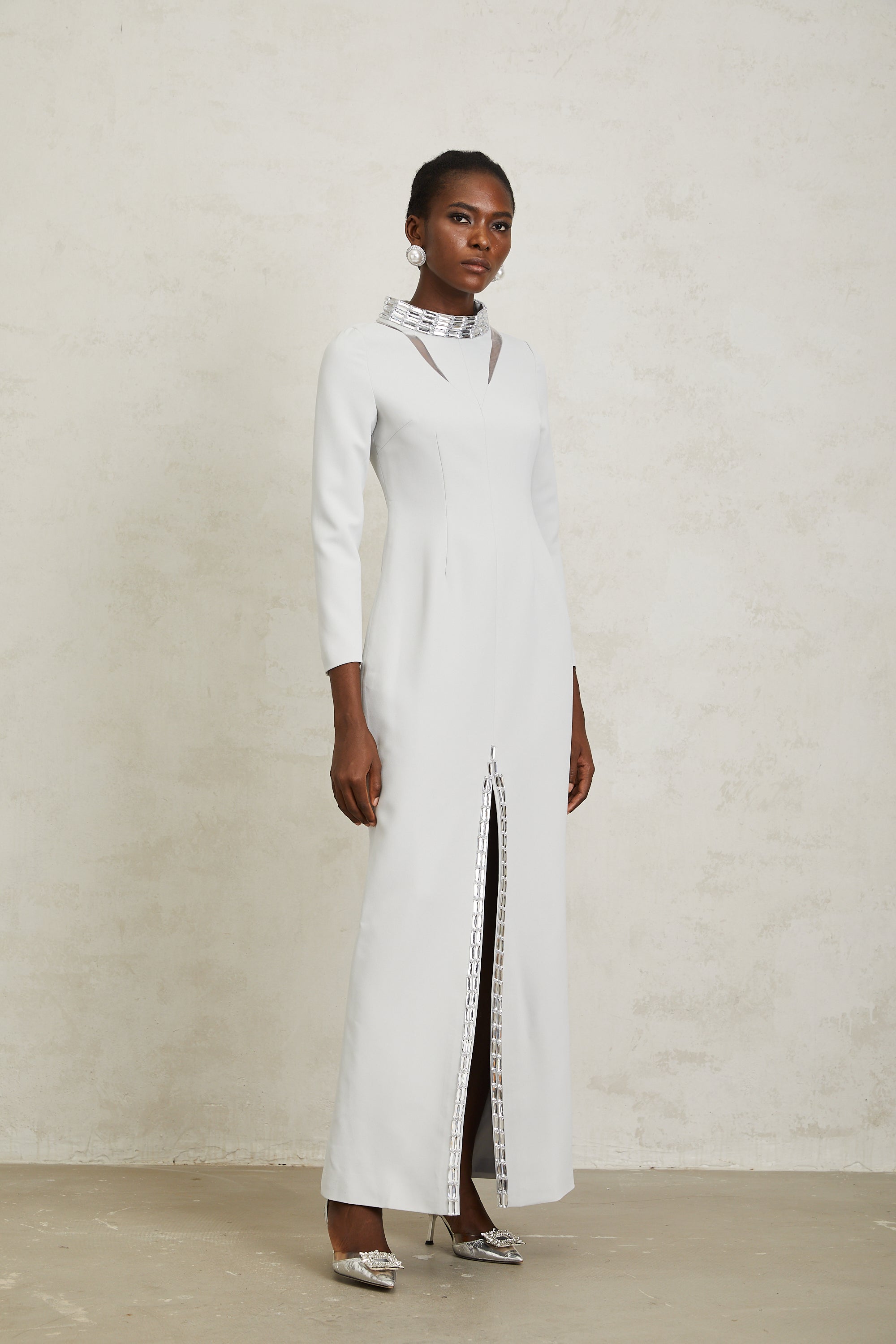 Magdalena Light Grey Crystal Embellished Maxi Dress