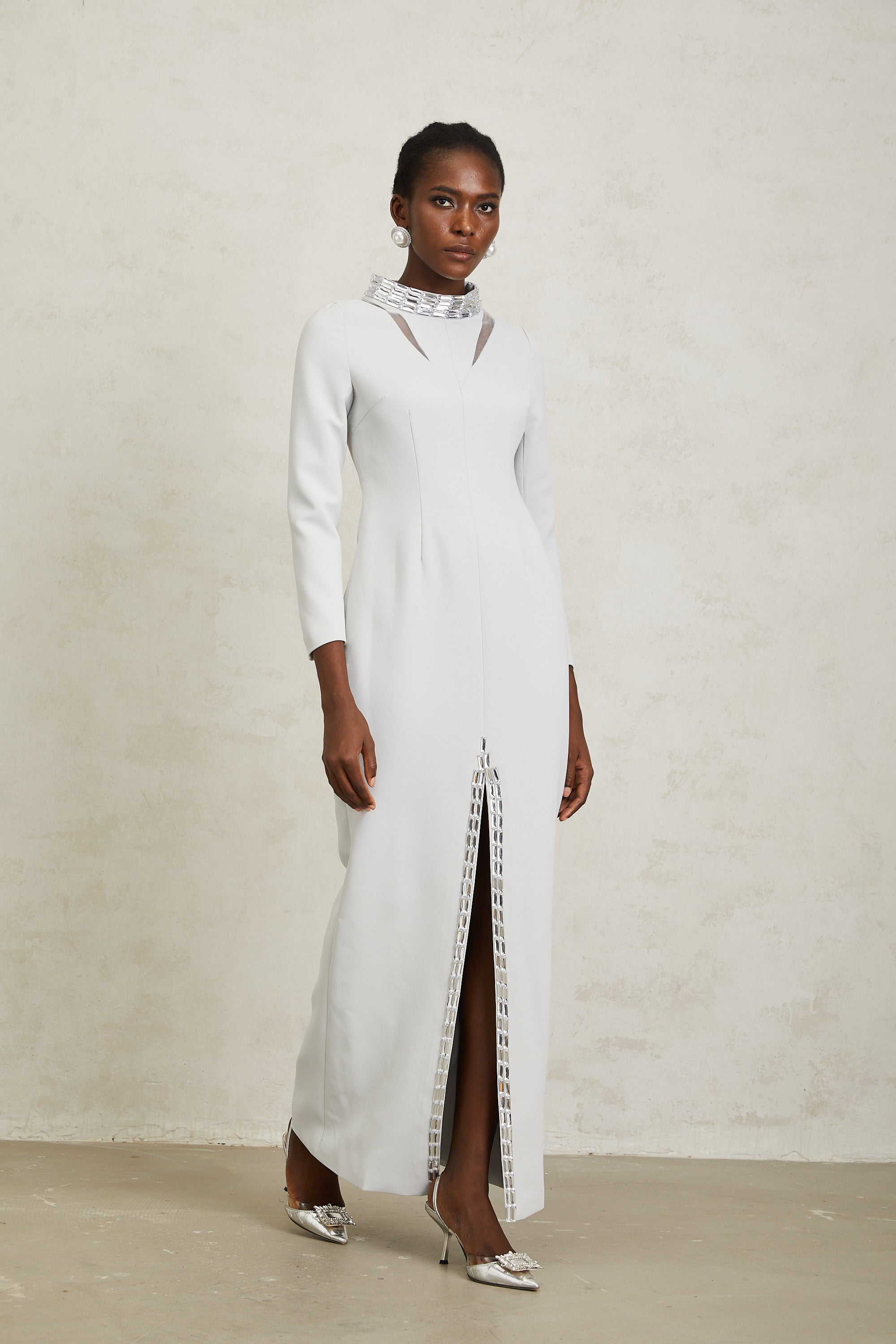 Magdalena Light Grey Crystal Embellished Maxi Dress