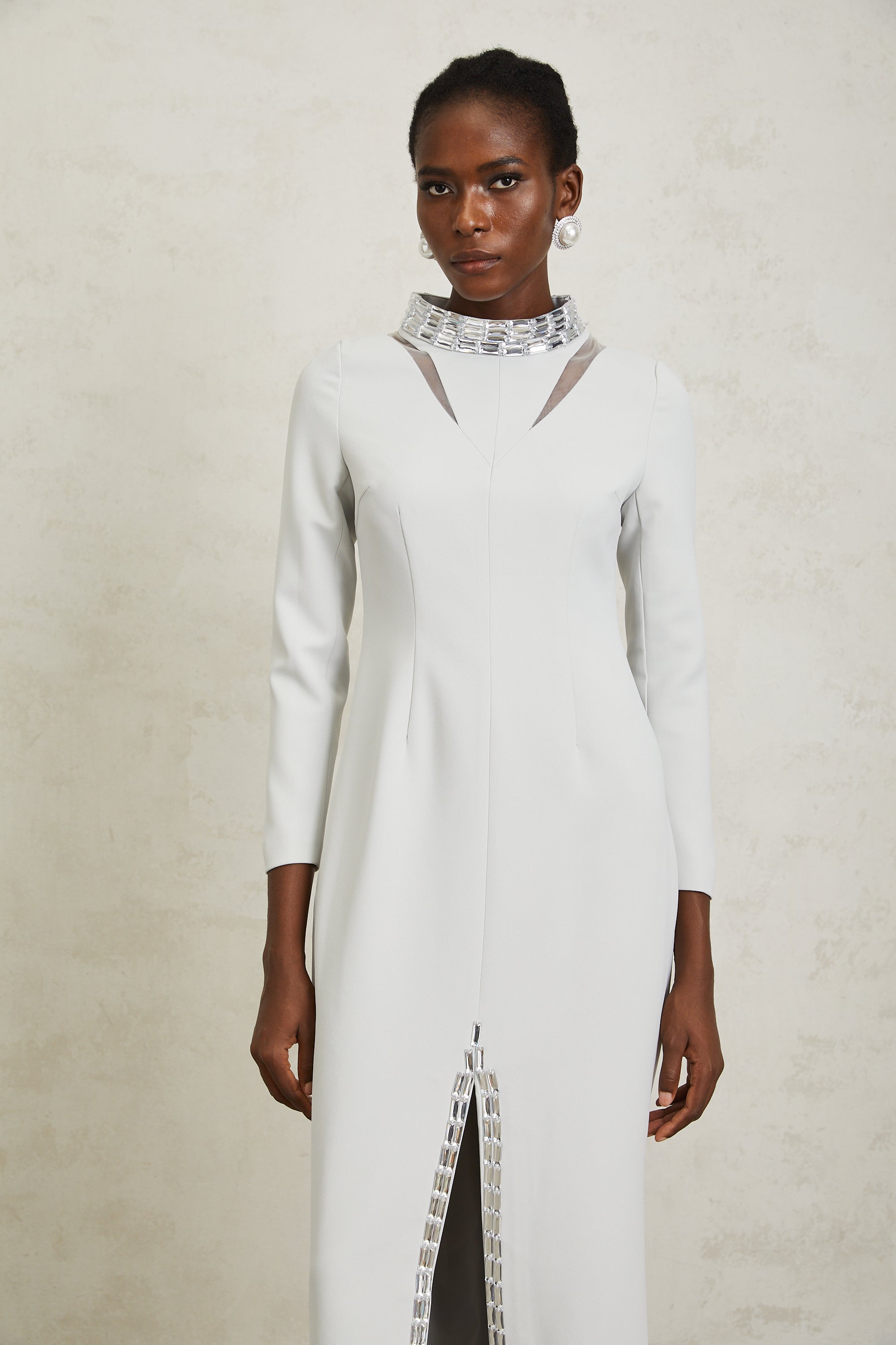 Magdalena Light Grey Crystal Embellished Maxi Dress