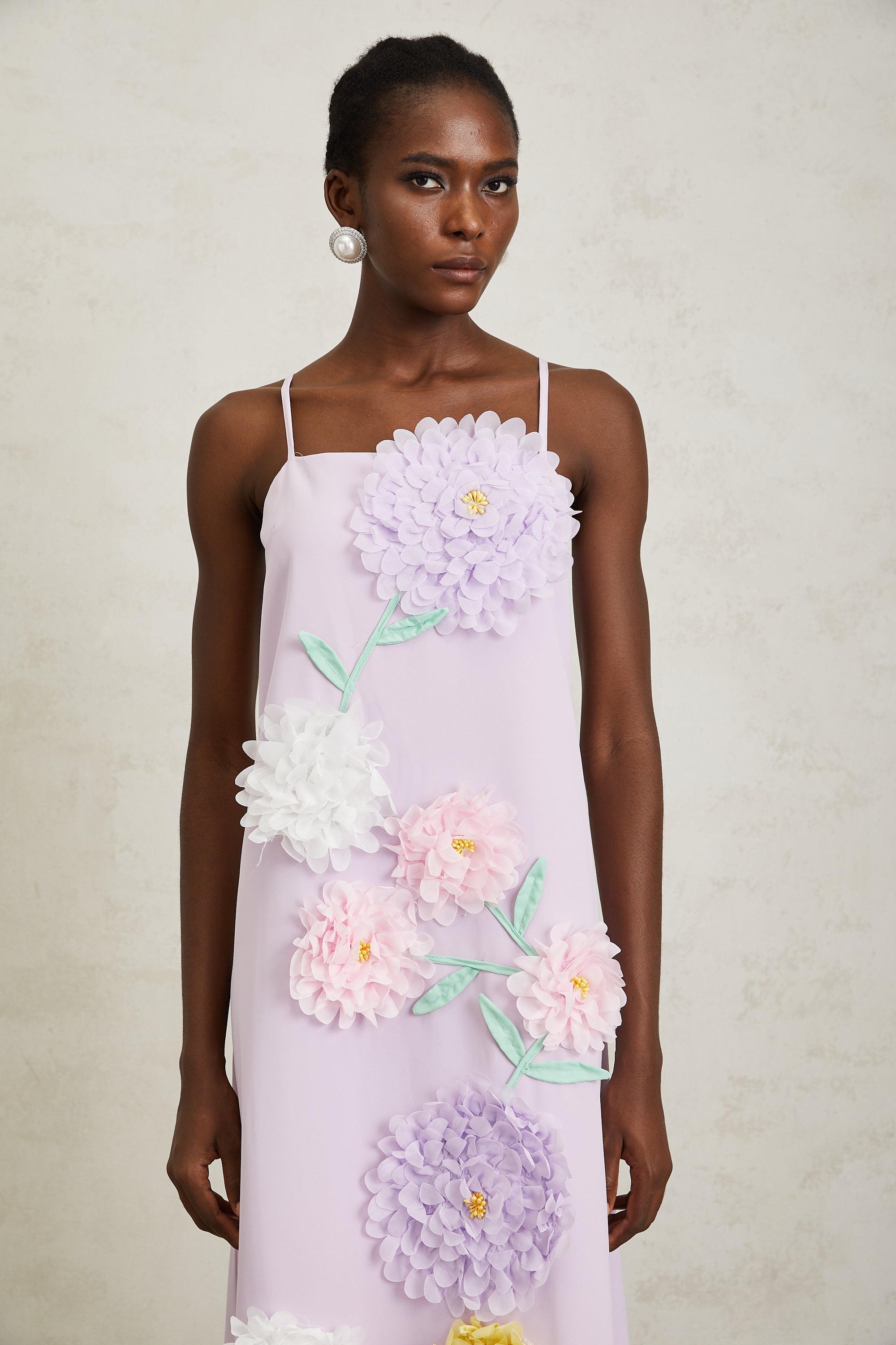 Véronique Purple 3D Petal Sleeveless Midi Dress