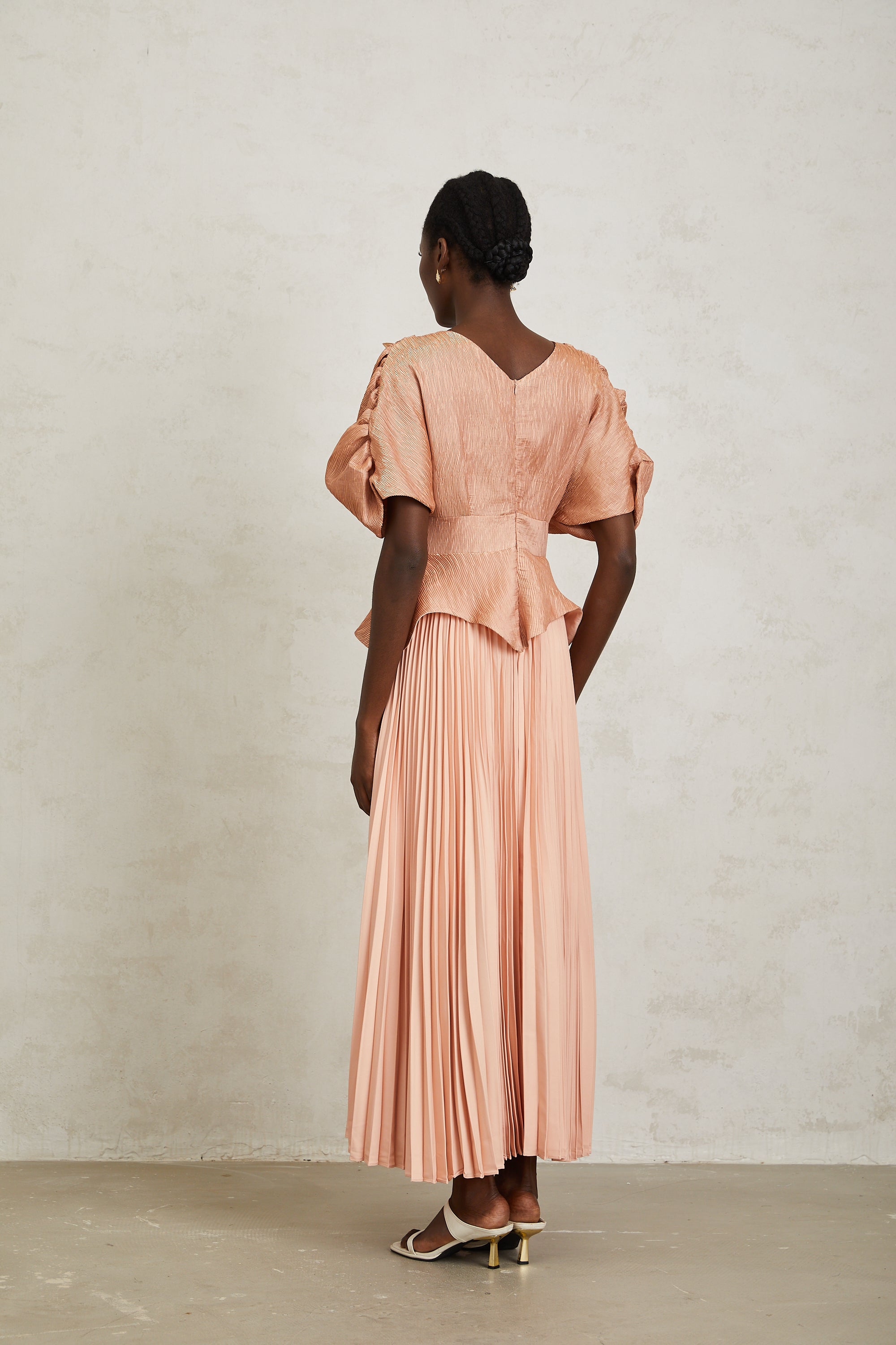 Camille Pink Floral Appliqué Pleated Maxi Dress