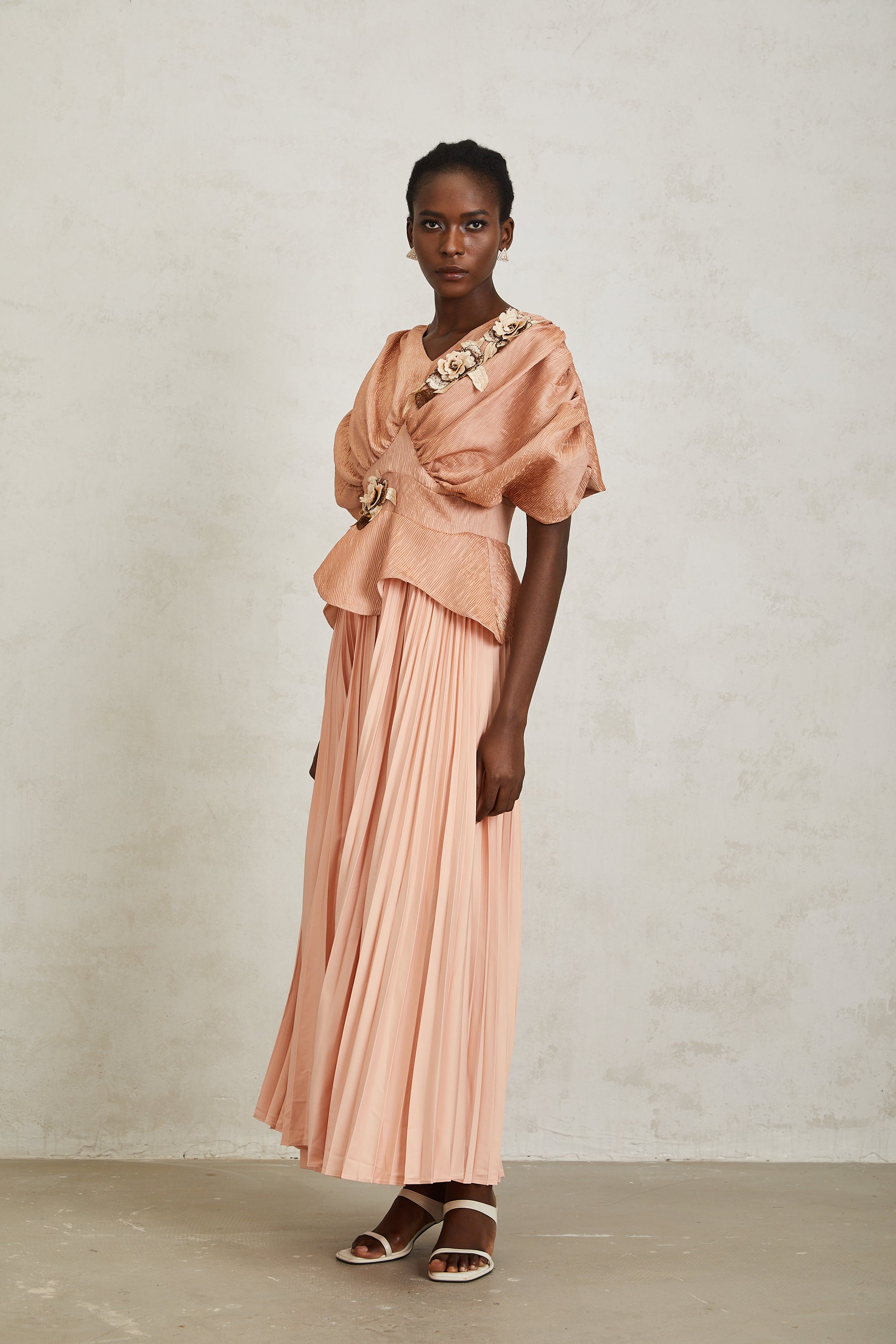 Camille Pink Floral Appliqué Pleated Maxi Dress