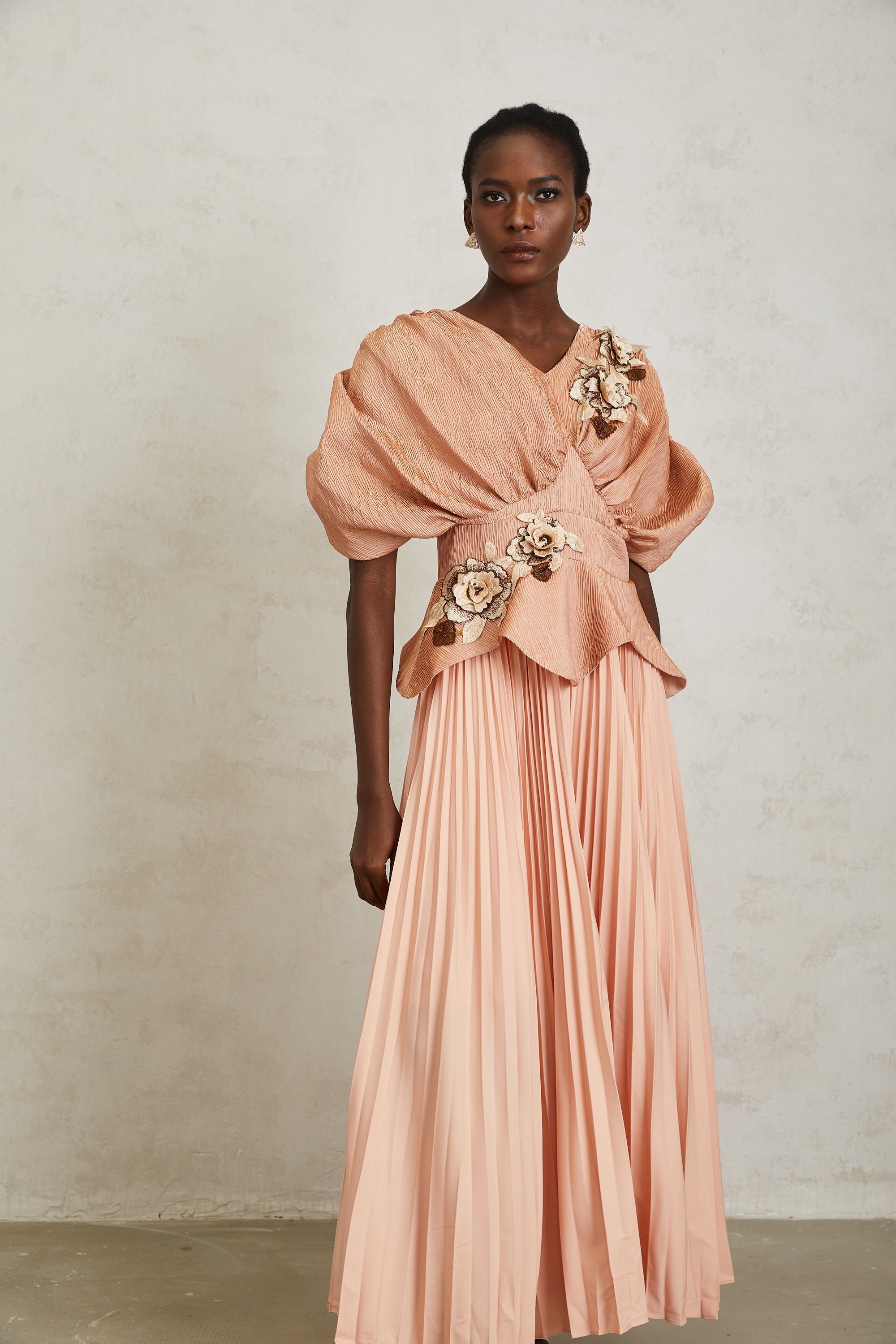 Camille Pink Floral Appliqué Pleated Maxi Dress