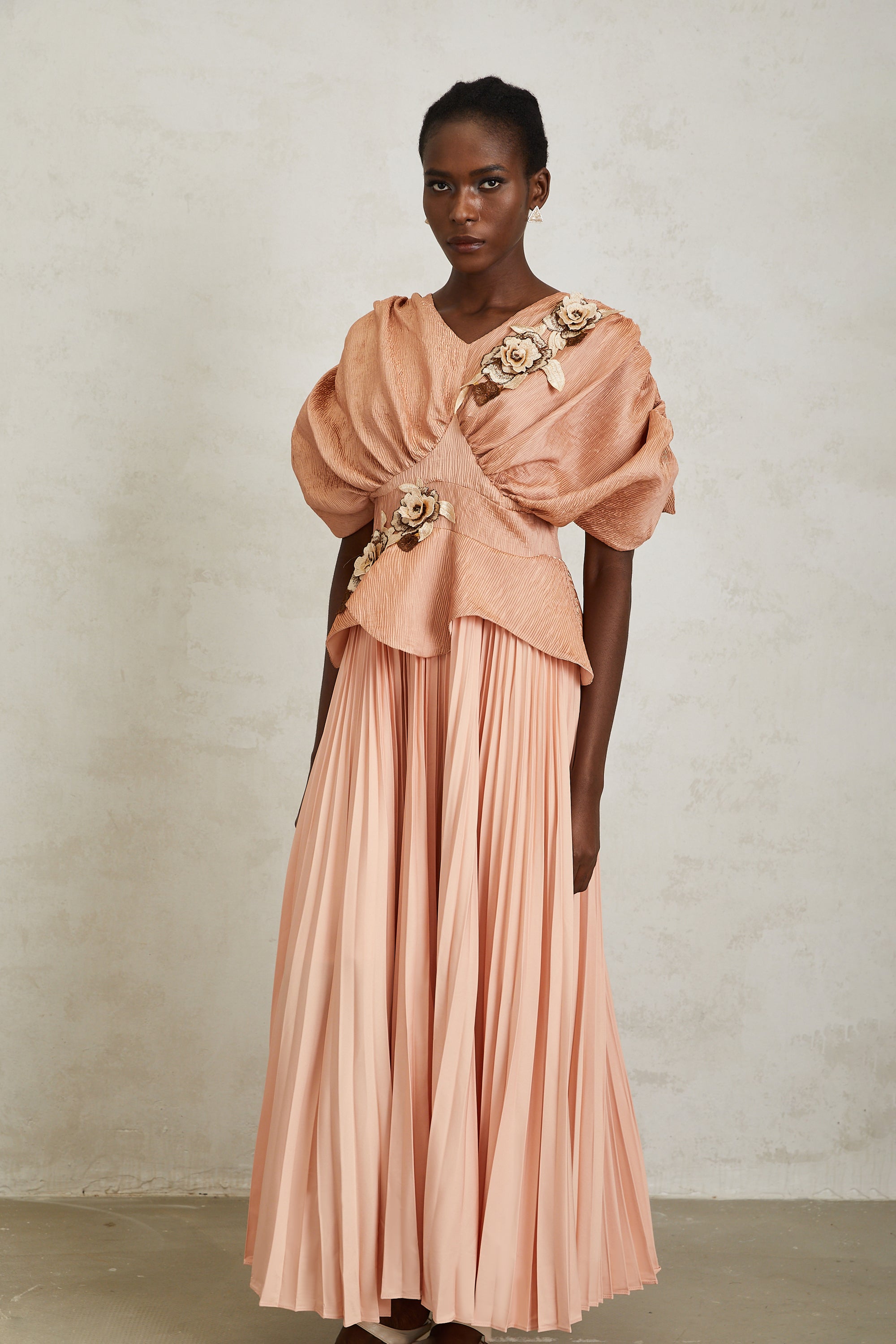 Camille Pink Floral Appliqué Pleated Maxi Dress