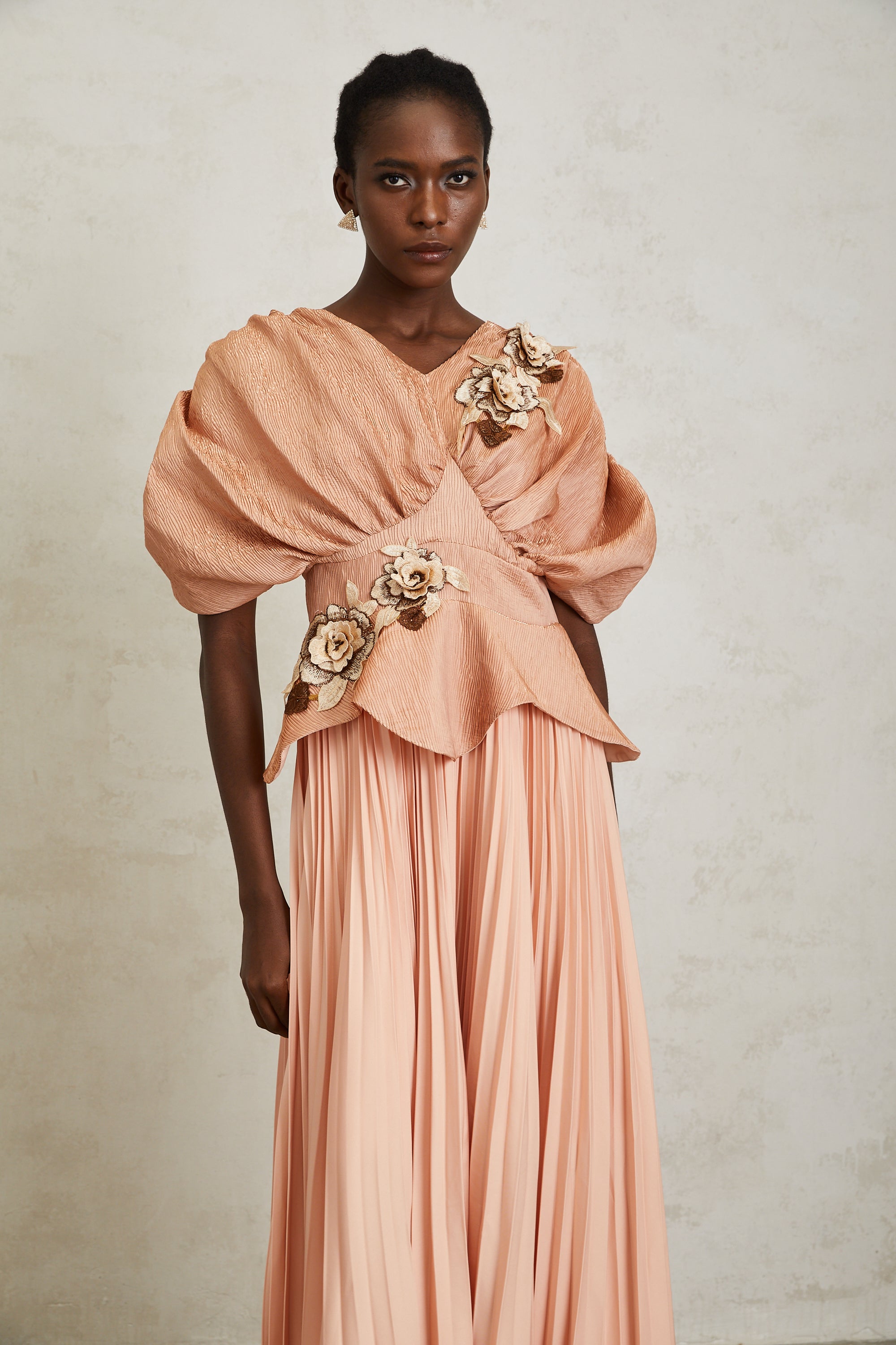 Camille Pink Floral Appliqué Pleated Maxi Dress