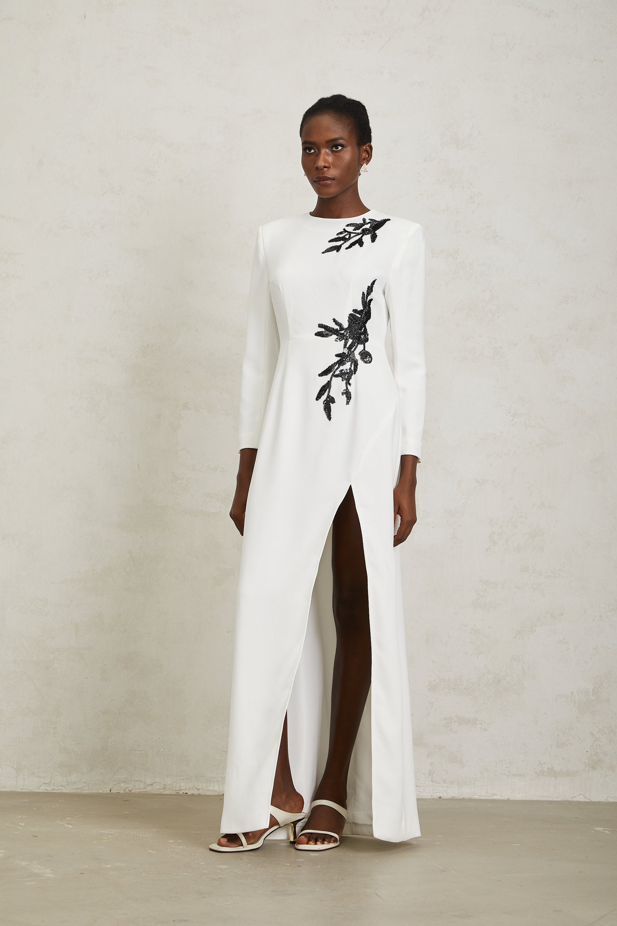 Vanessa White Beaded Floral Appliqué Maxi Dress