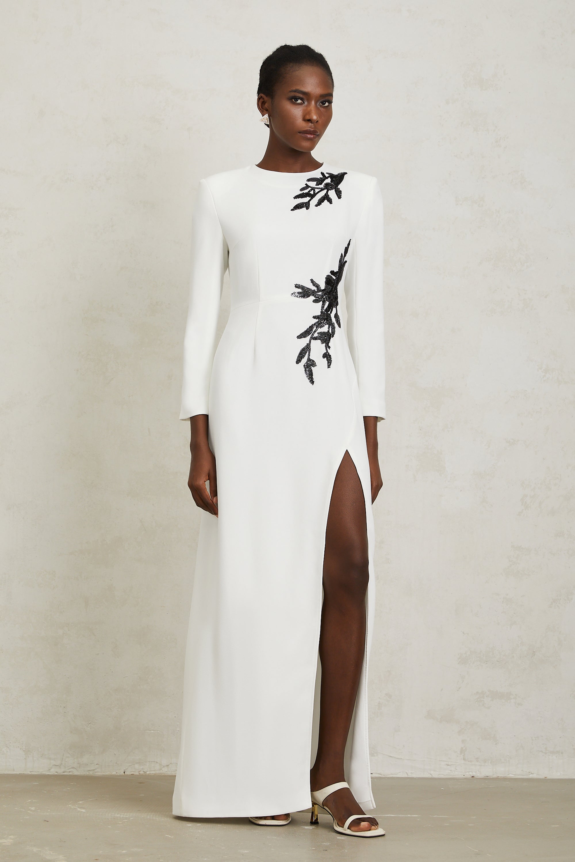 Vanessa White Beaded Floral Appliqué Maxi Dress