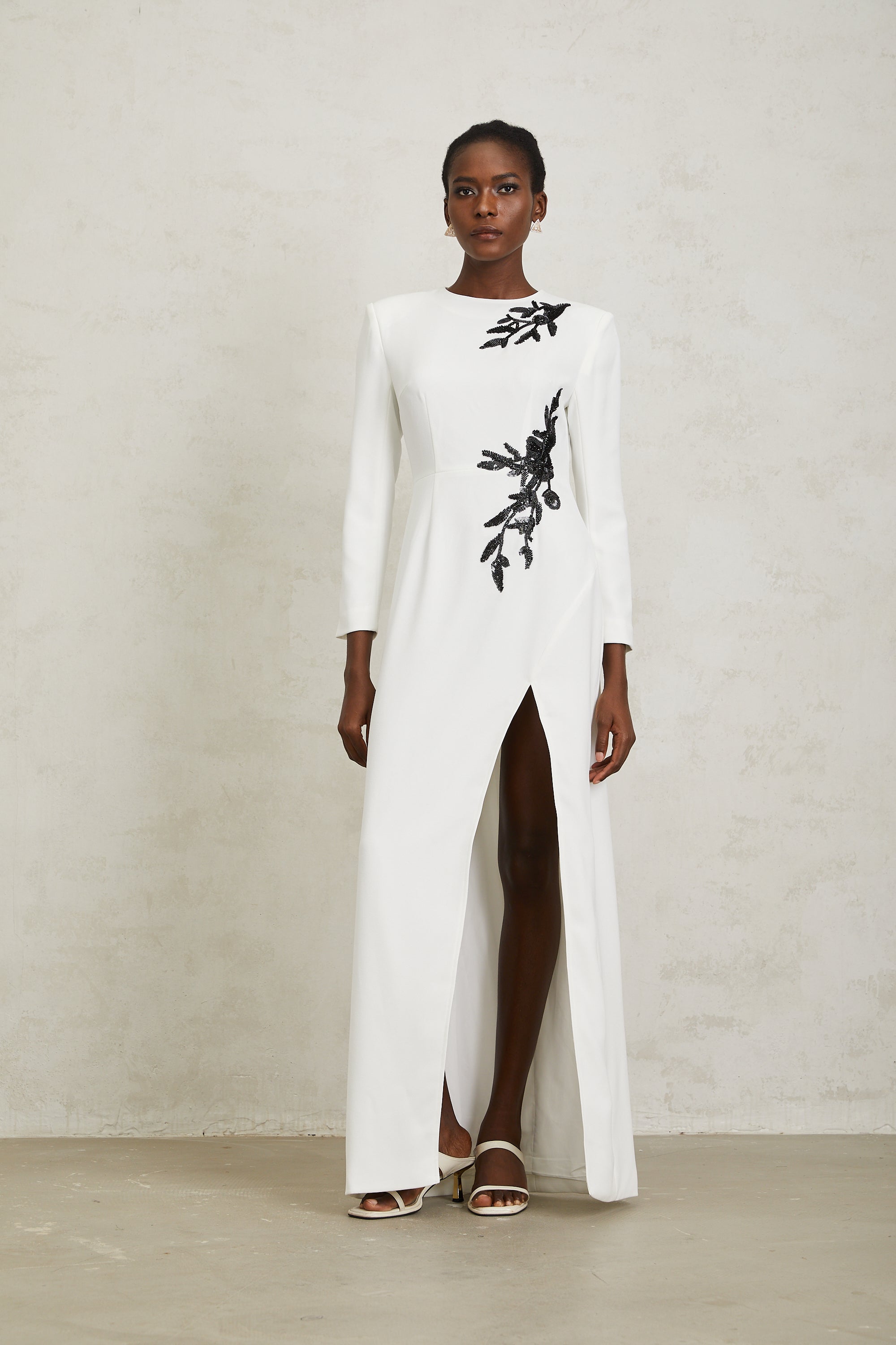 Vanessa White Beaded Floral Appliqué Maxi Dress